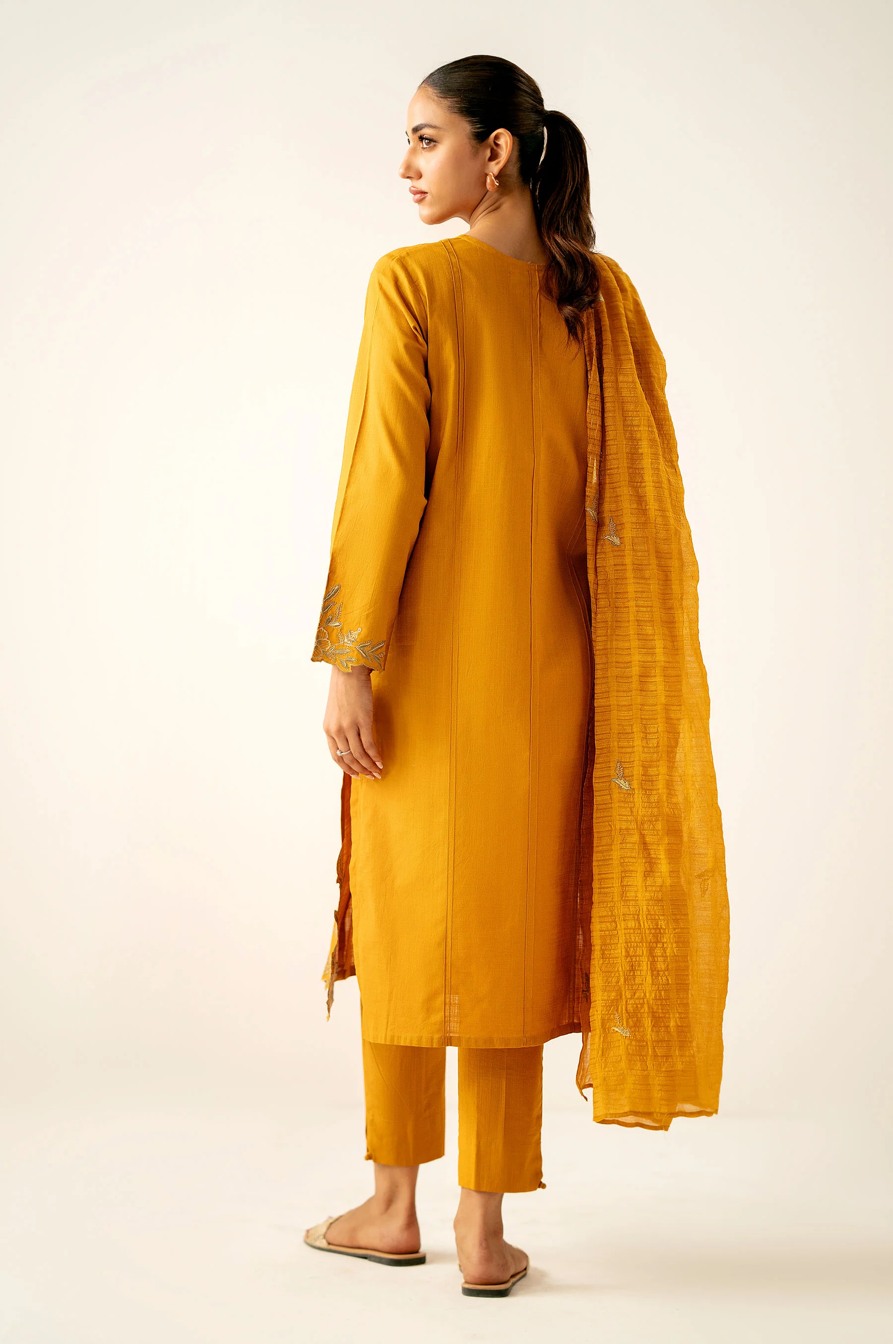 Stitched 3 Piece Embroidered Cotton Slub Suit - Image 3