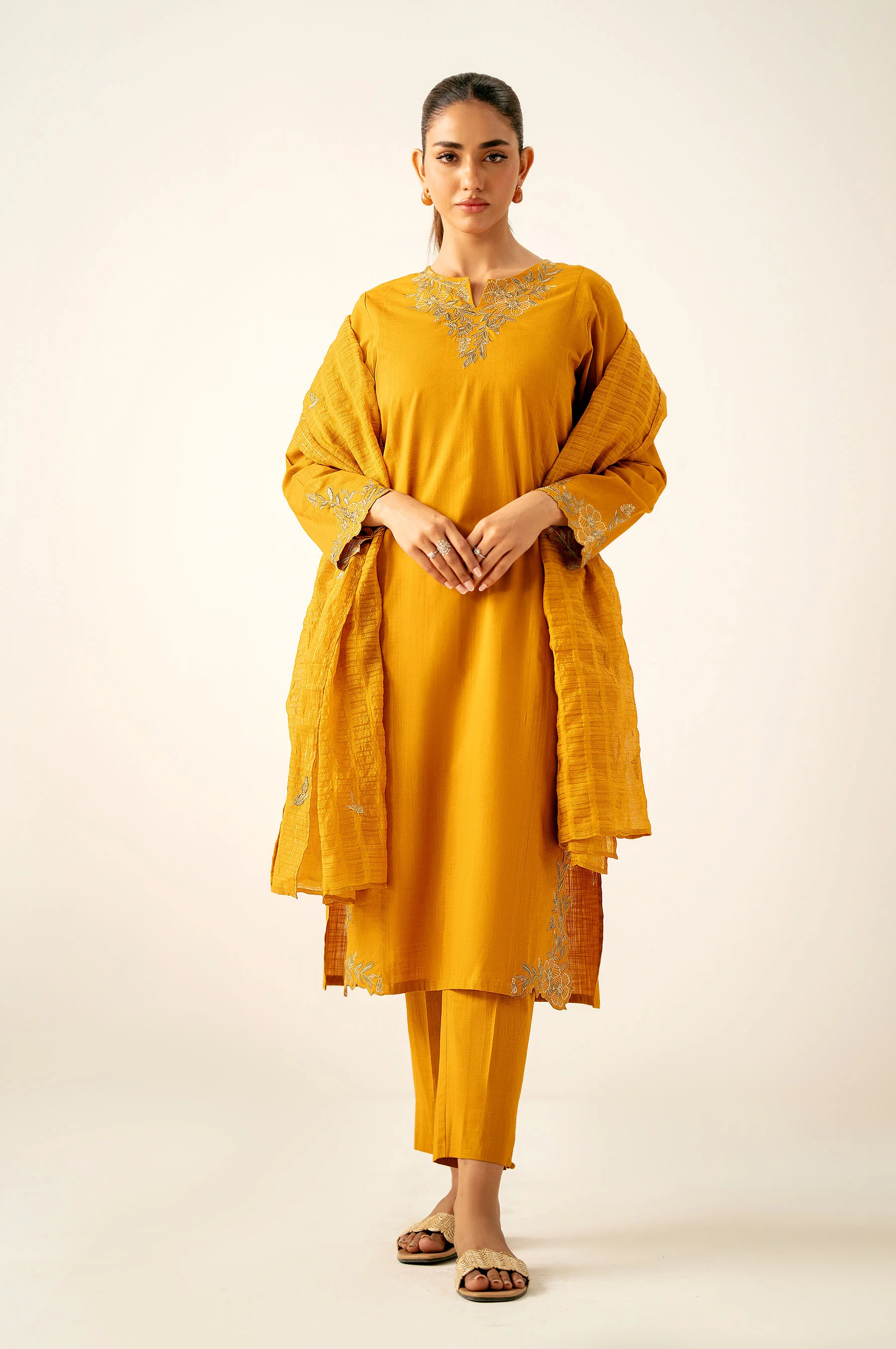 Stitched 3 Piece Embroidered Cotton Slub Suit - Image 4