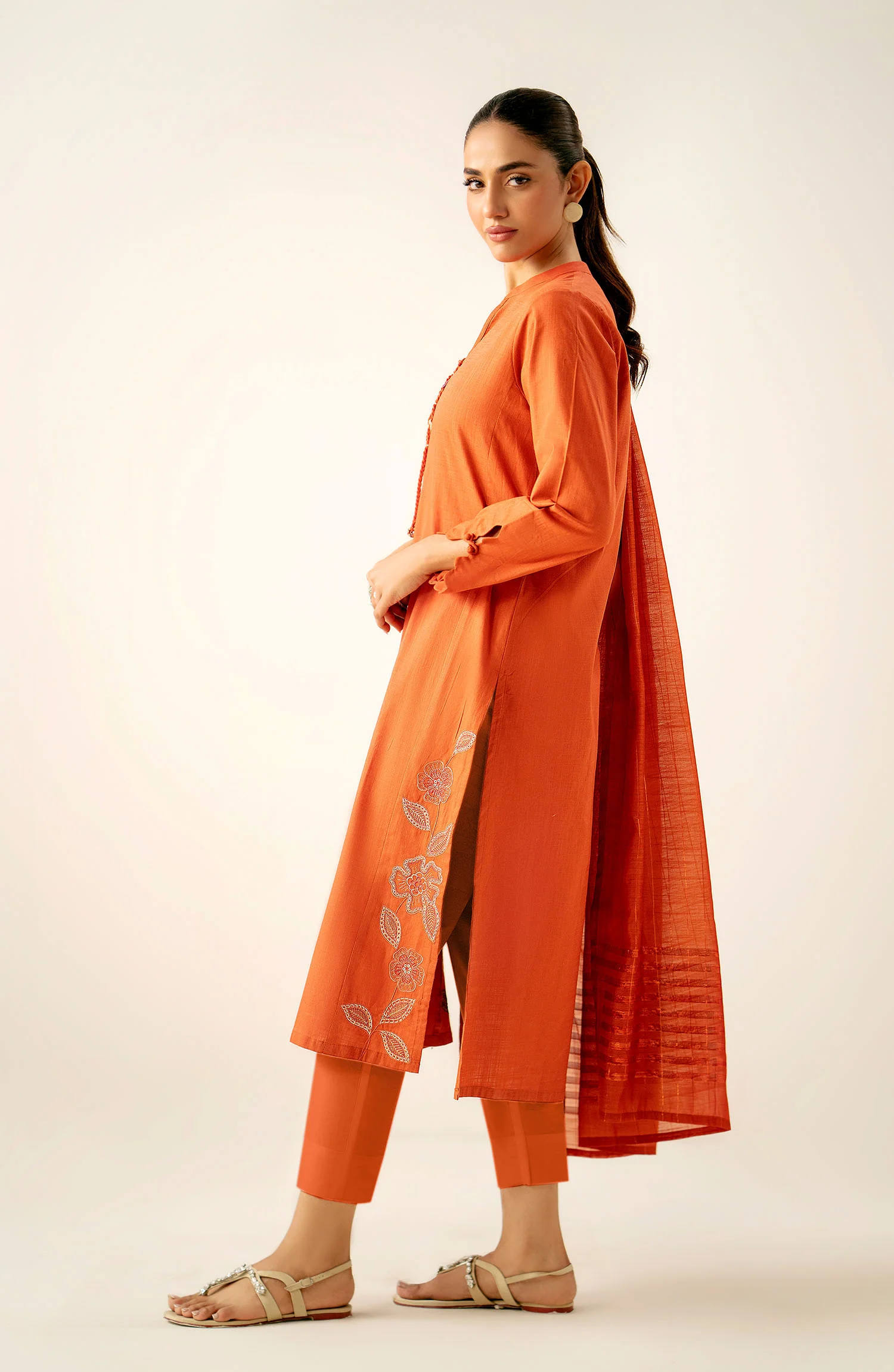 Stitched 3 Piece Embroidered Cotton Slub Suit - Image 3