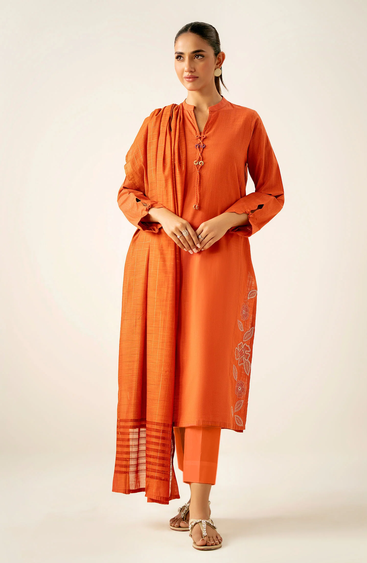 Stitched 3 Piece Embroidered Cotton Slub Suit - Image 5
