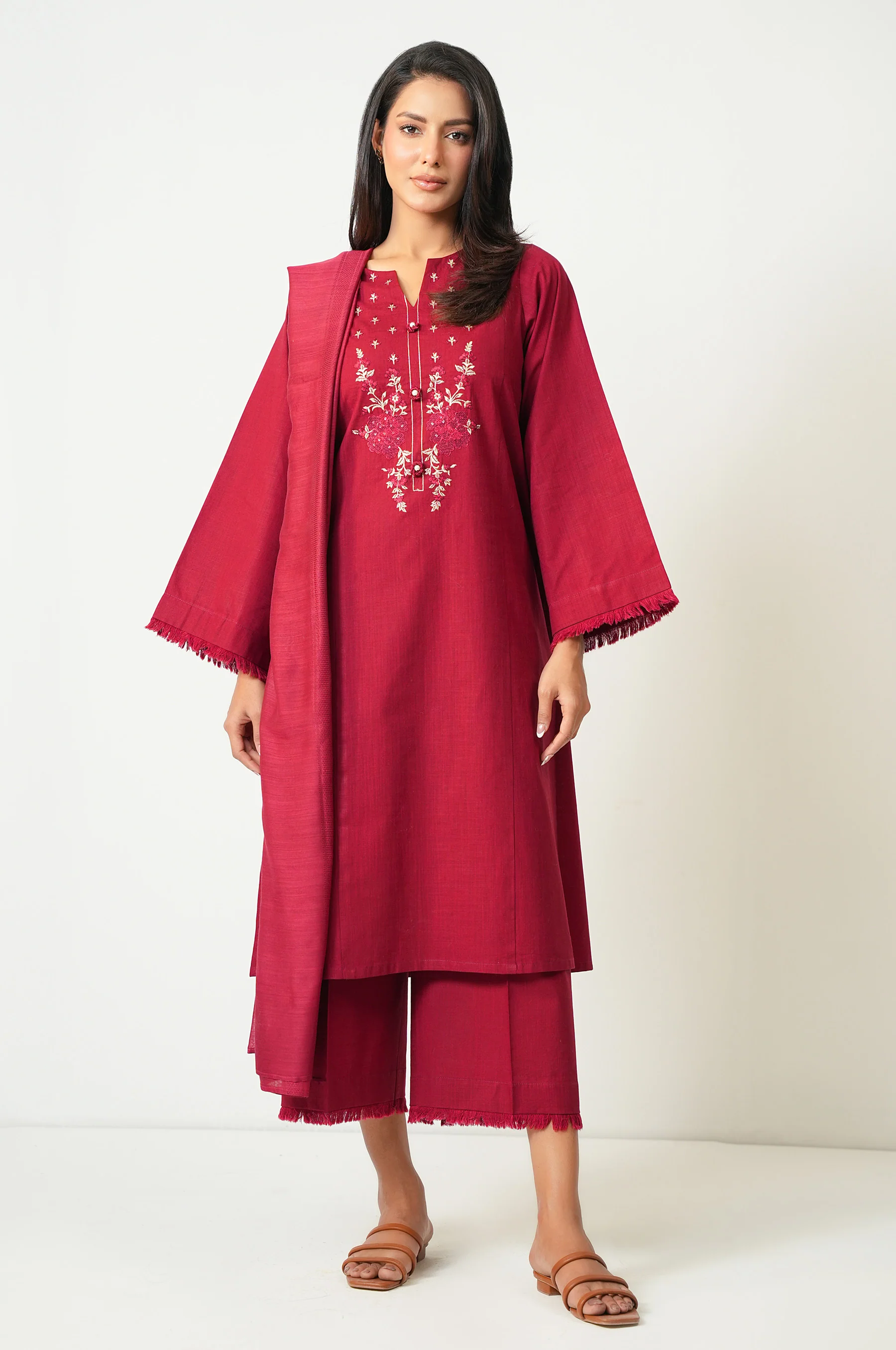 STITCHED EMBROIDERED COTTON SLUB SUIT