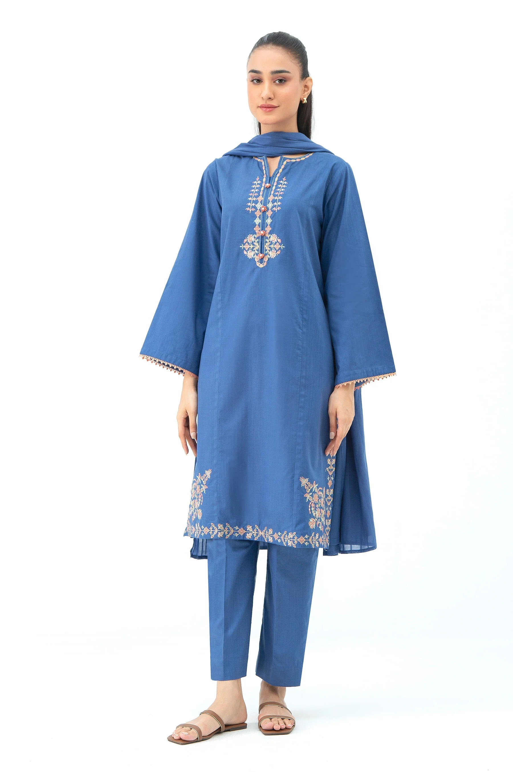 STITCHED EMBROIDERED COTTON SLUB SUIT (FACTORY E-OUTLET)