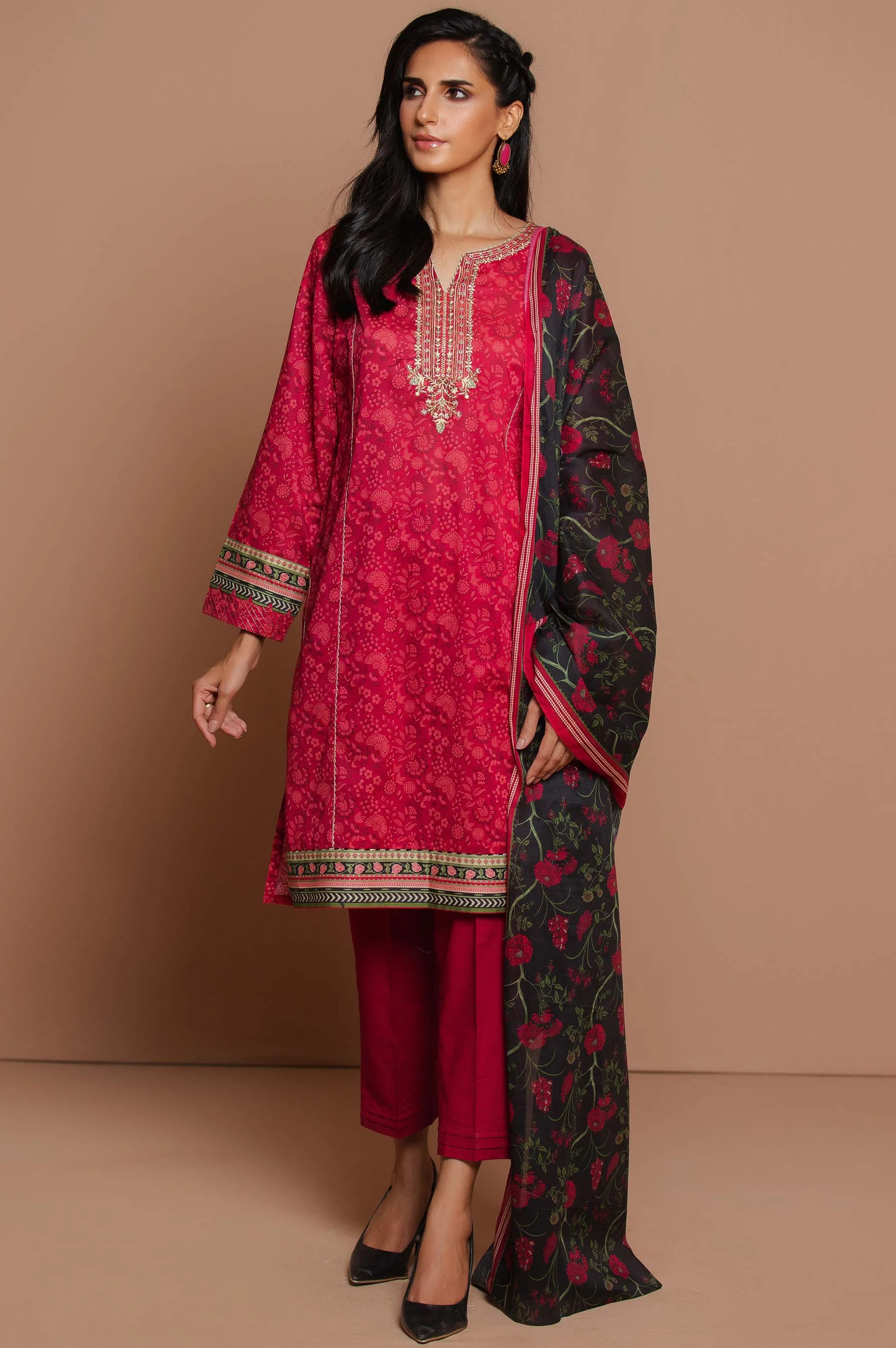 Stitched 3 Piece Embroidered Doria Lawn with Voile Slub Suit - Image 2