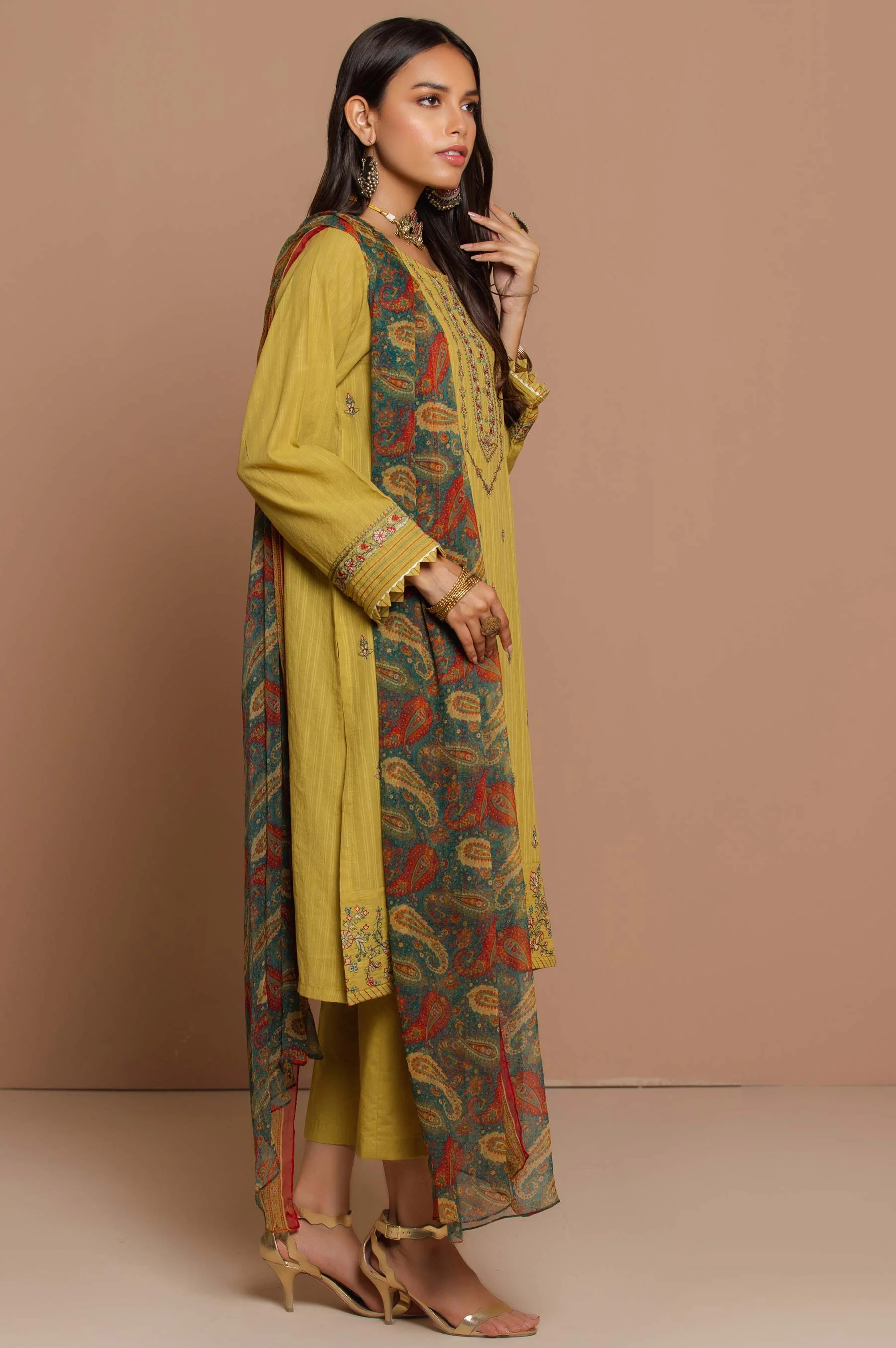 Stitched 3 Piece Doria Lawn Suit with Polyester Chiffon Dupatta - Image 5