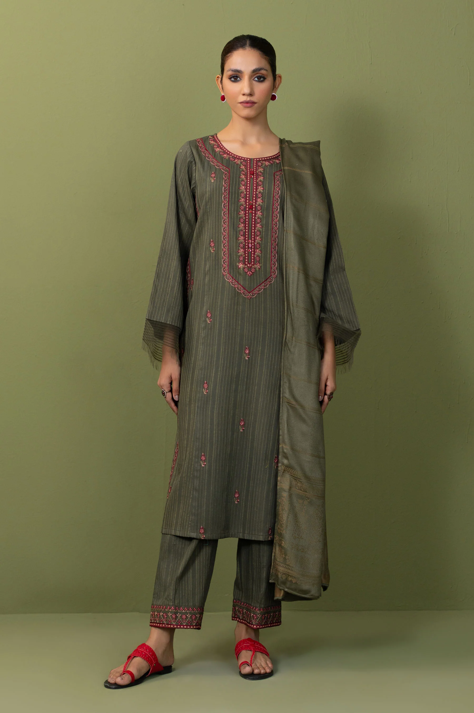 Stitched 3 Piece Embroidered Dobby Doria Suit - Image 2