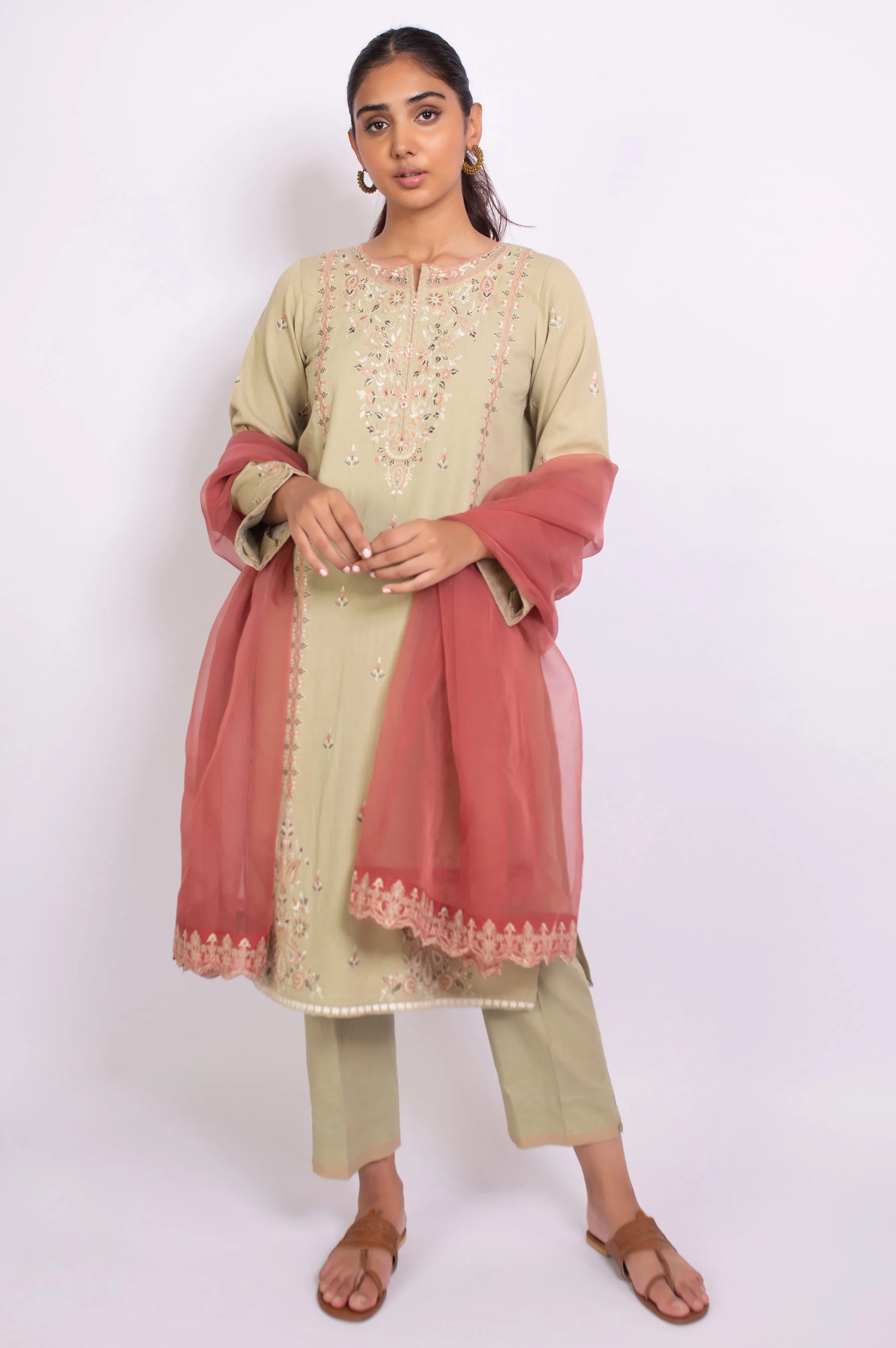 Stitched 3 Piece Embroidered Satin Jacquard Suit - Image 2