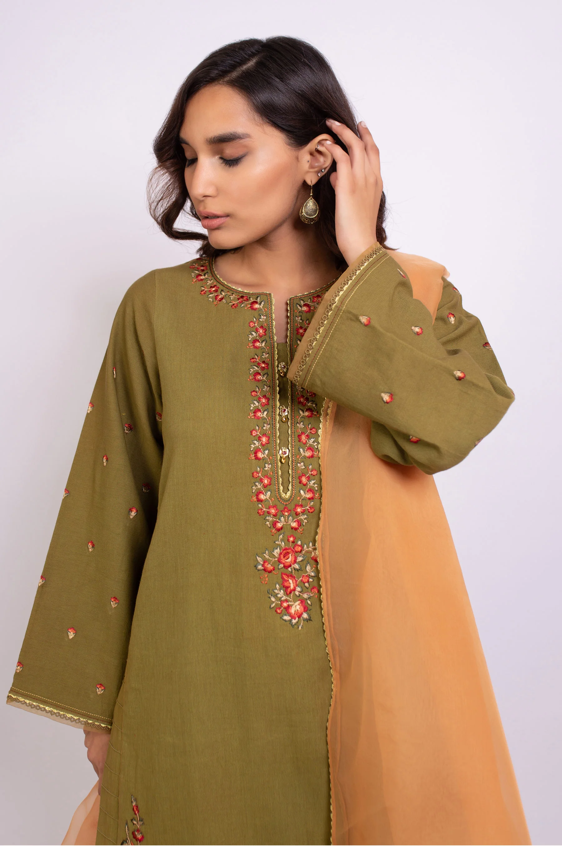 Stitched 3 Piece Embroidered Satin Jacquard Suit - Image 4