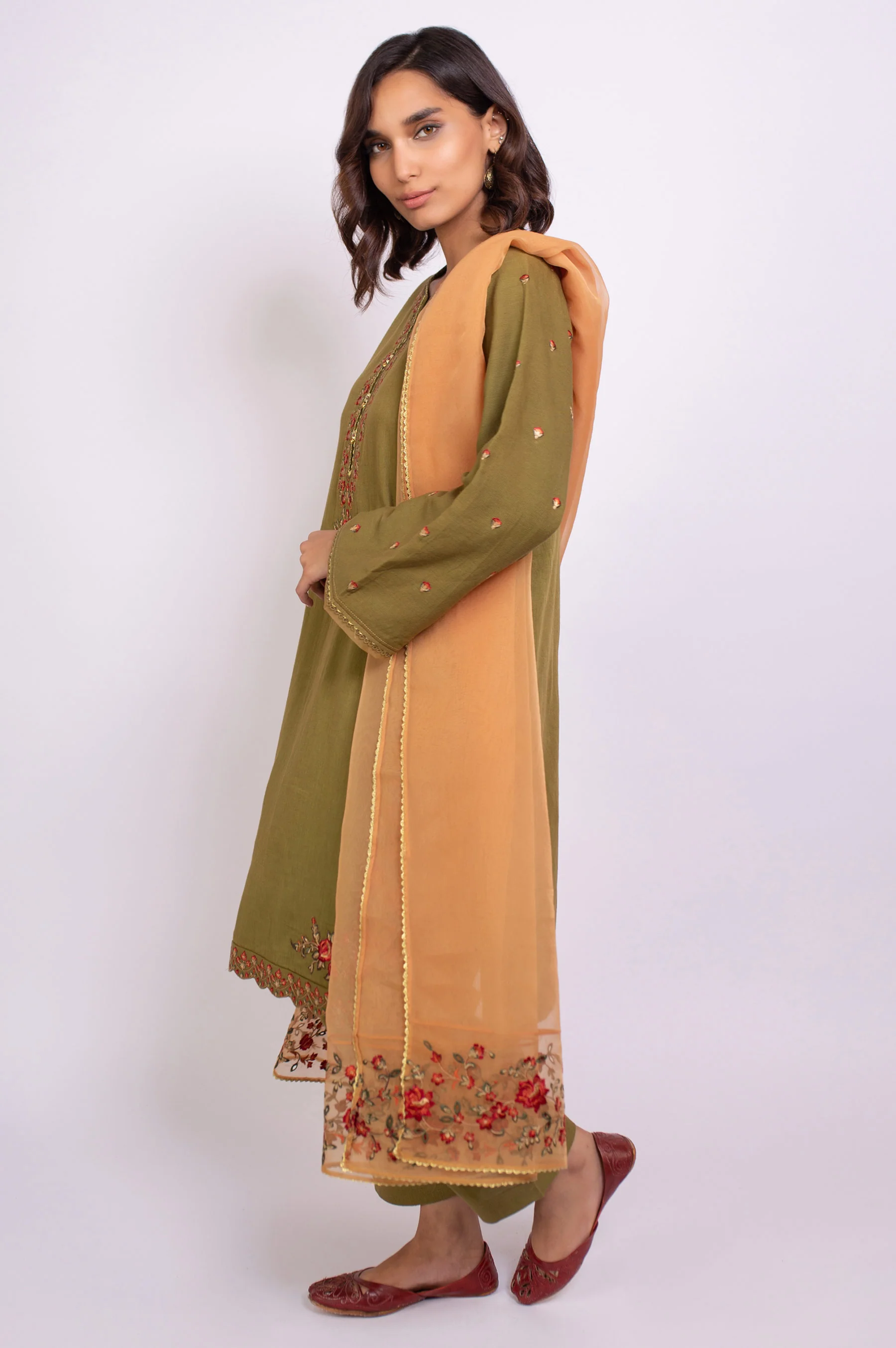 Stitched 3 Piece Embroidered Satin Jacquard Suit - Image 5