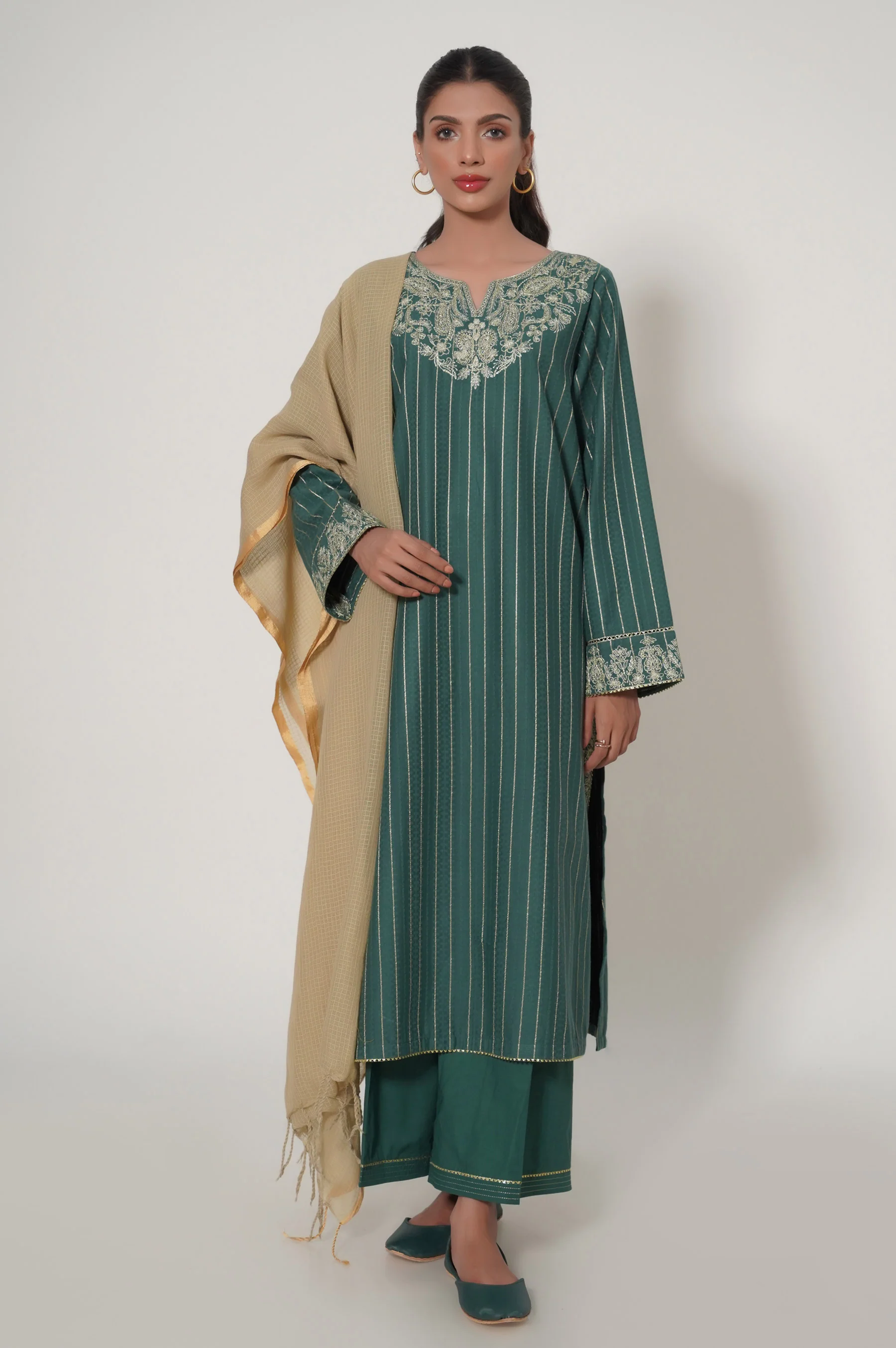 Stitched 3 Piece Embroidered Jacquard Suit - Image 2