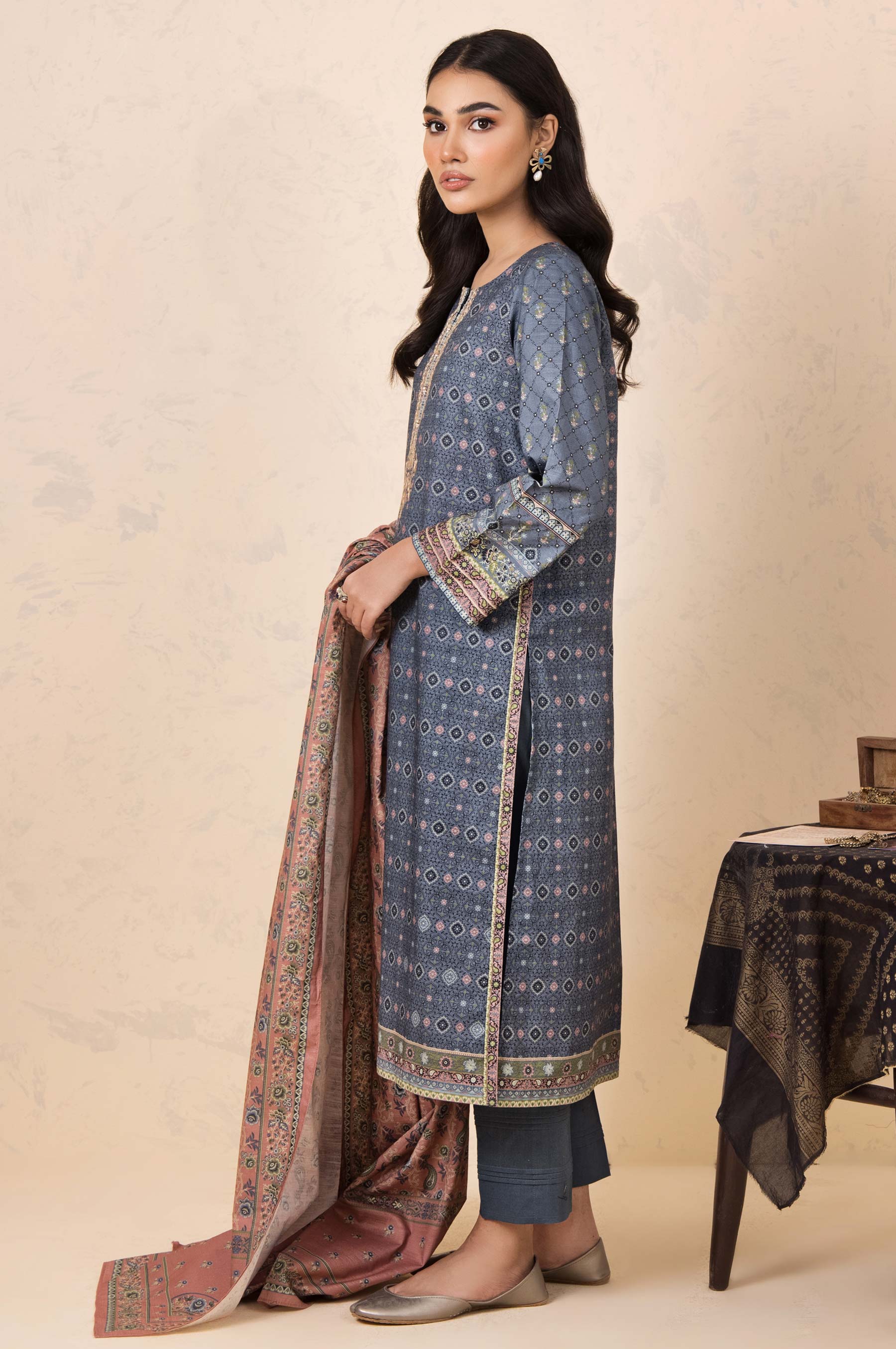 Stitched 3 Piece Embroidered Khaddar Suit - Image 2