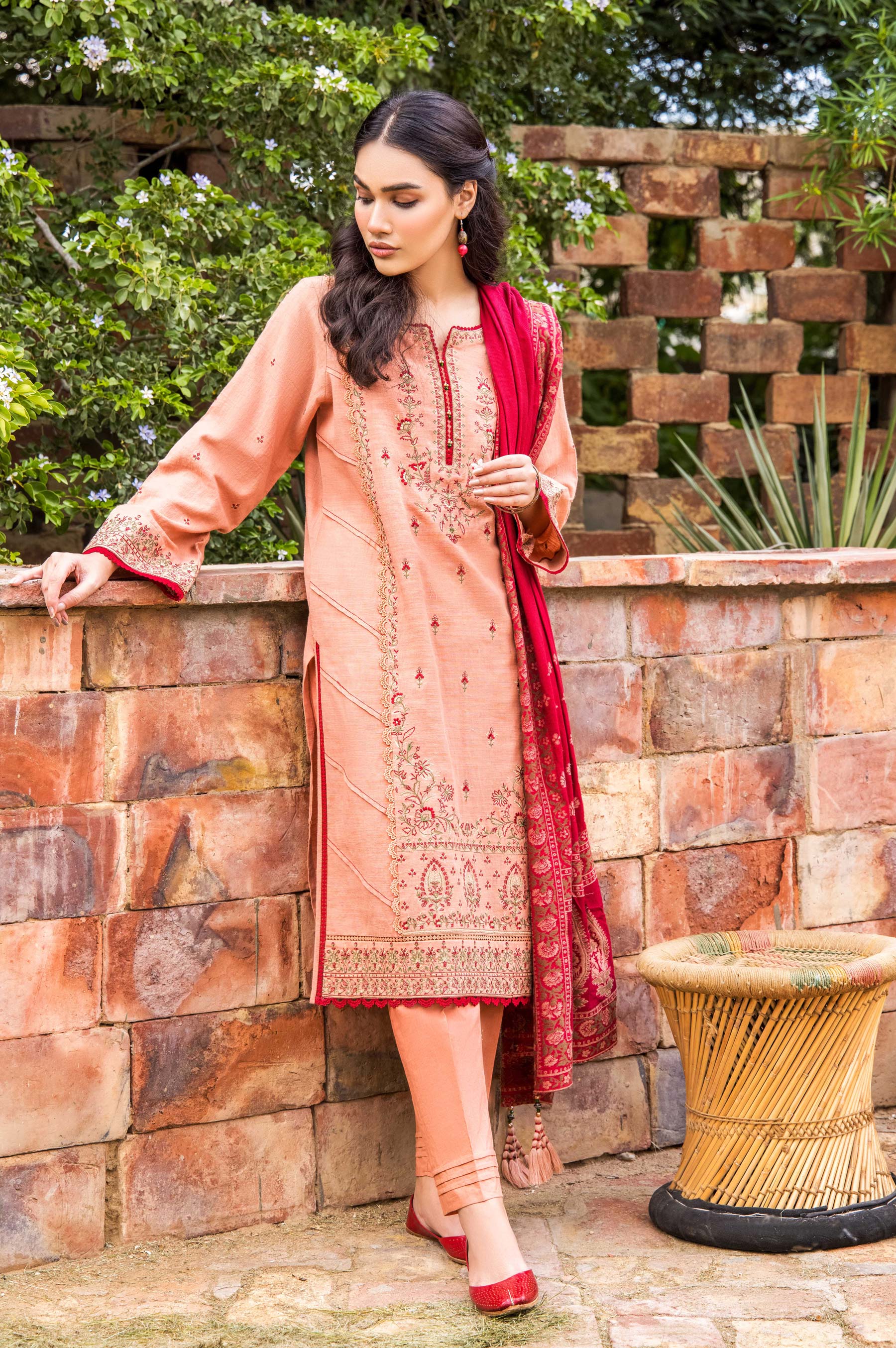Stitched 3 Piece Embroidered Khaddar with Jacquard Shawl Suit - Image 2