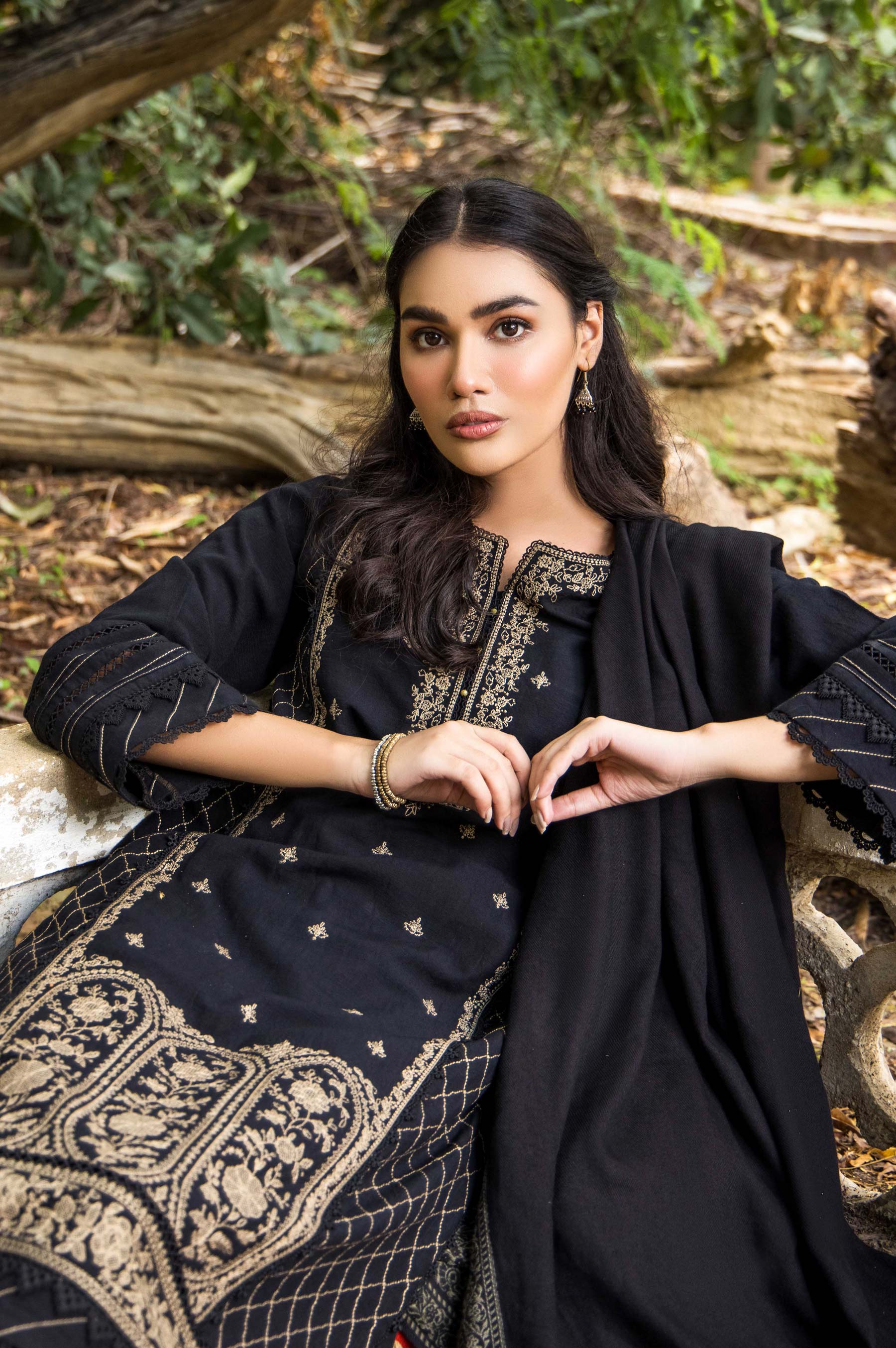 Stitched 3 Piece Embroidered Khaddar with Jacquard Shawl Suit - Image 3