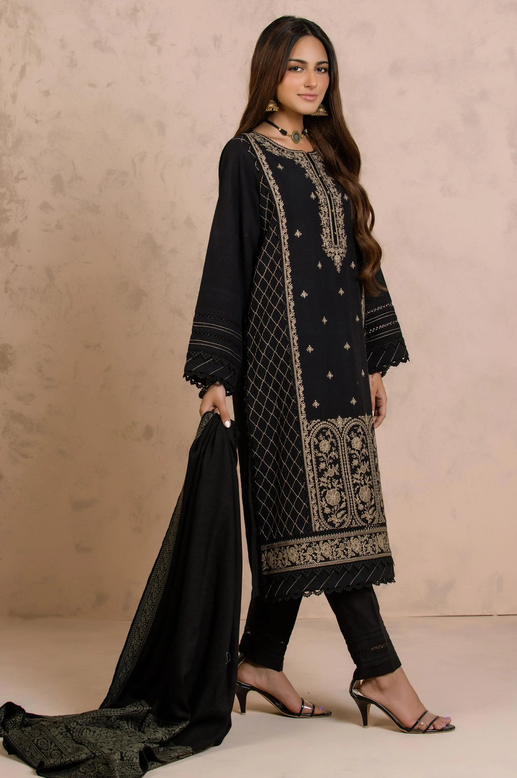 Stitched 3 Piece Embroidered Khaddar with Jacquard Shawl Suit - Image 4