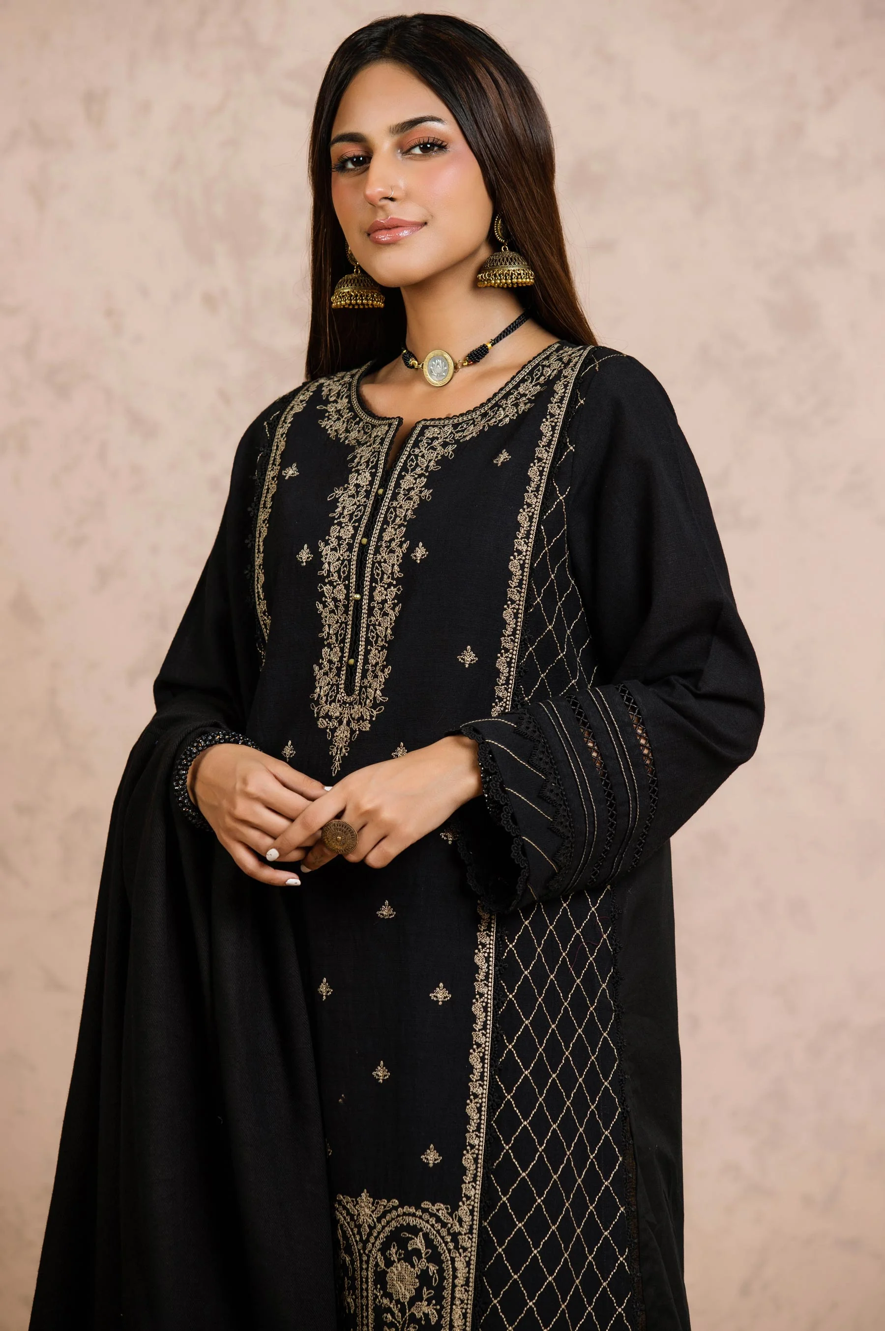 Stitched 3 Piece Embroidered Khaddar with Jacquard Shawl Suit - Image 5