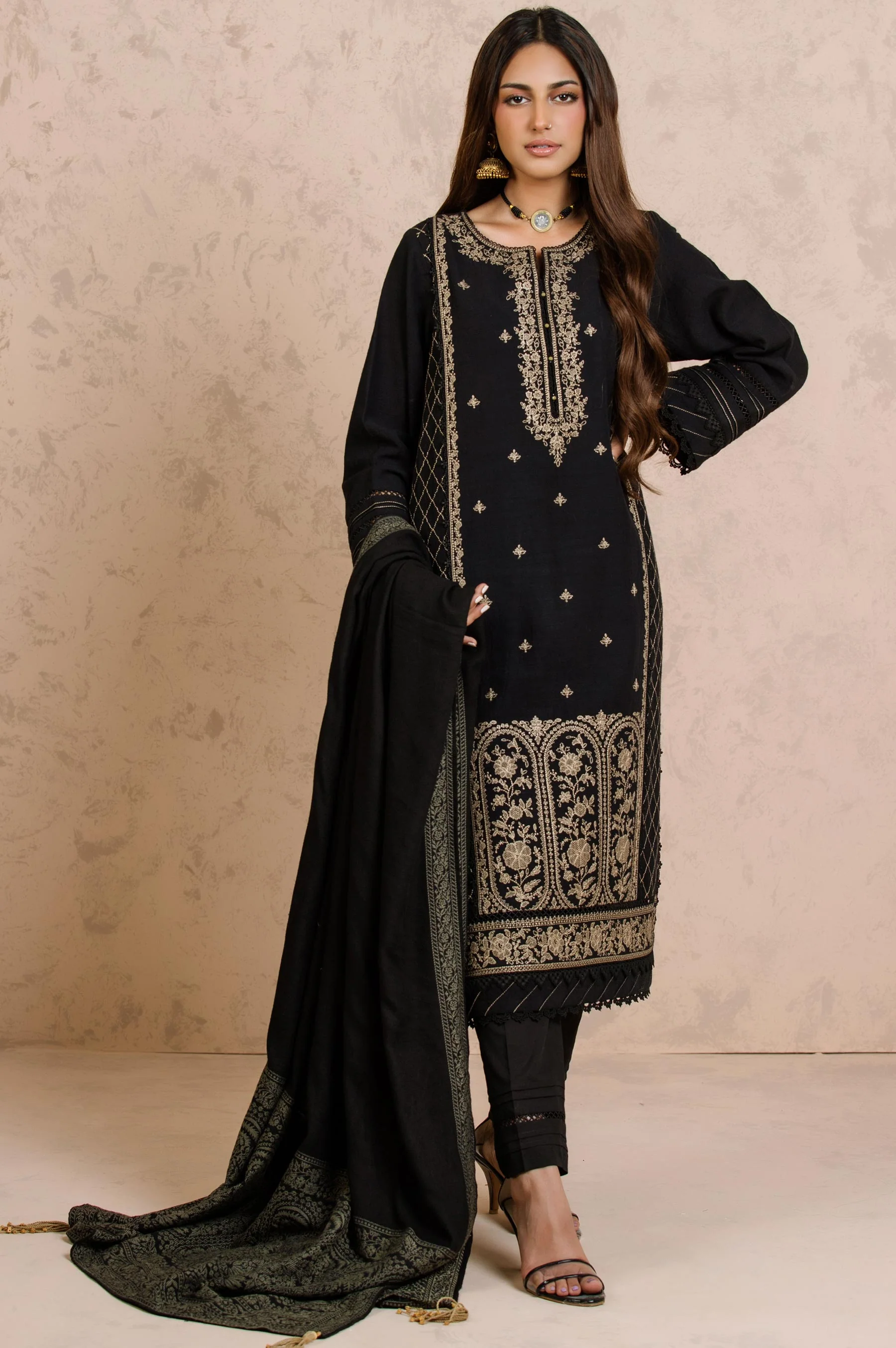 Stitched 3 Piece Embroidered Khaddar with Jacquard Shawl Suit - Image 6