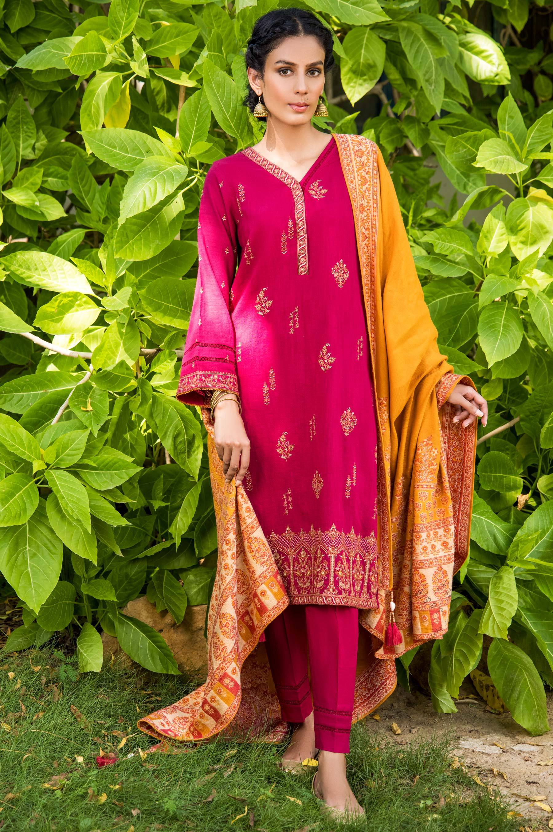 Stitched 3 Piece Embroidered Khaddar with Jacquard Shawl Suit - Image 2