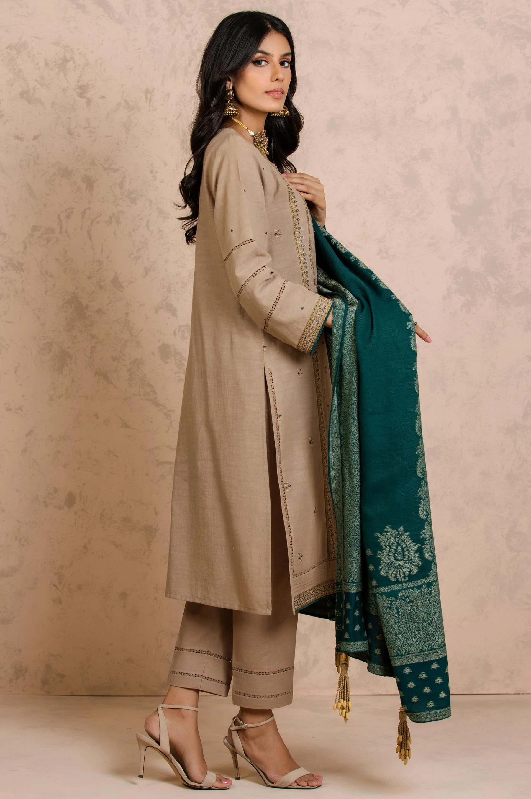 Stitched 3 Piece Embroidered Khaddar with Jacquard Shawl Suit - Image 2