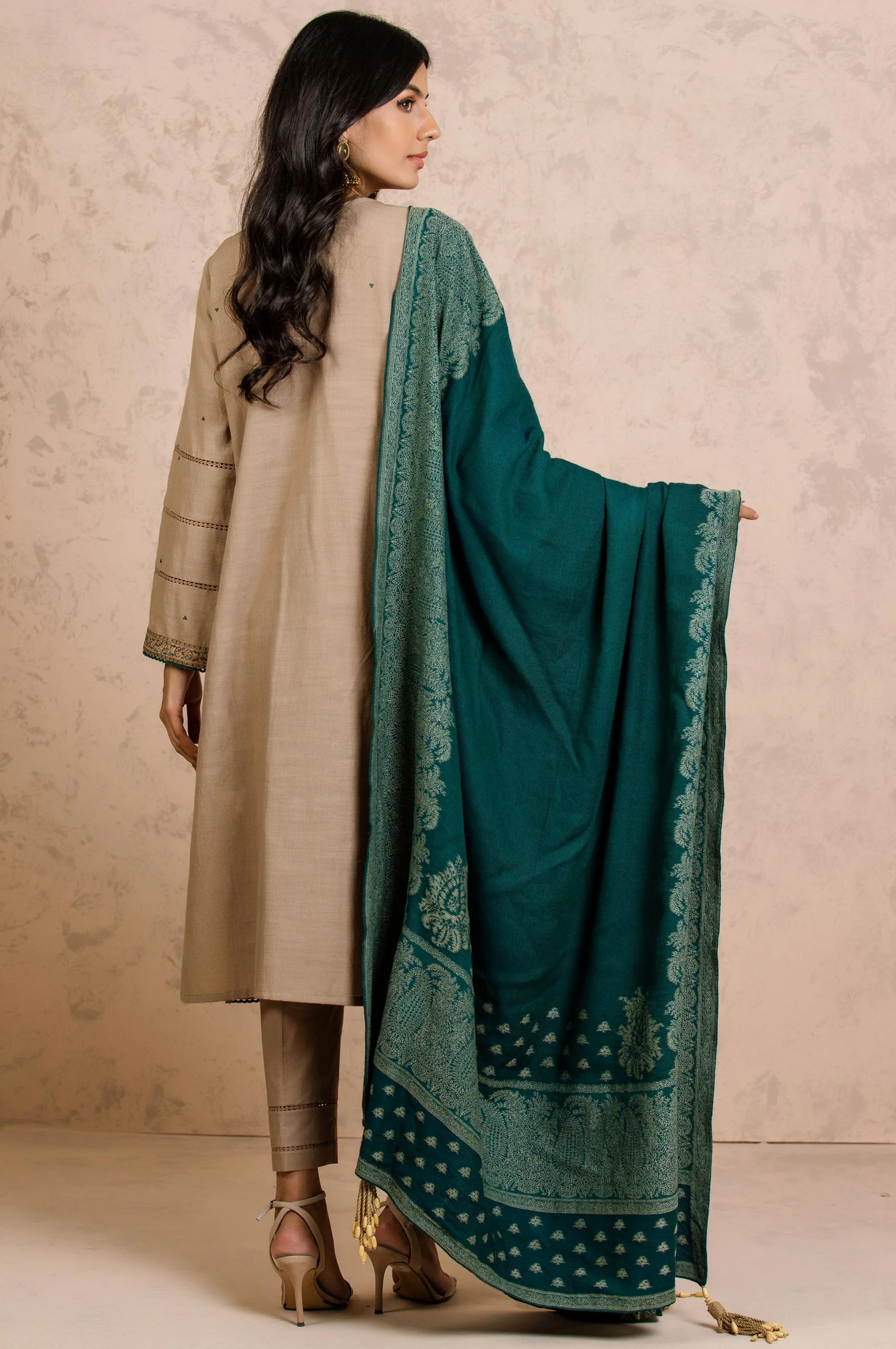 Stitched 3 Piece Embroidered Khaddar with Jacquard Shawl Suit - Image 3