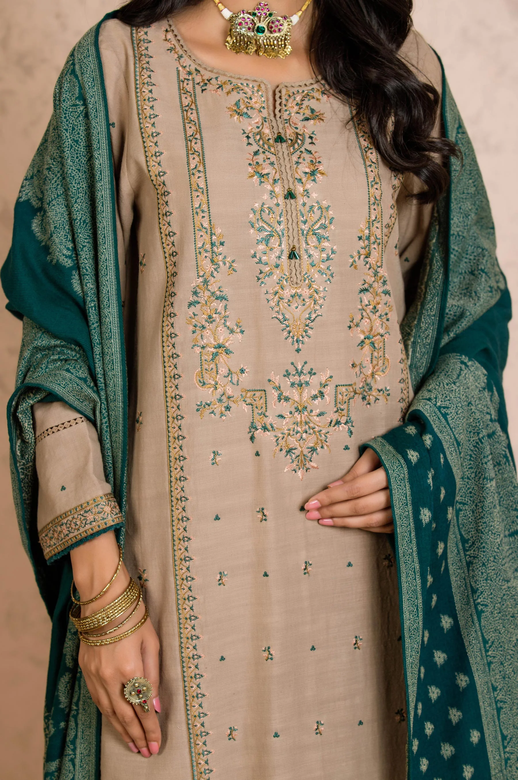 Stitched 3 Piece Embroidered Khaddar with Jacquard Shawl Suit - Image 4