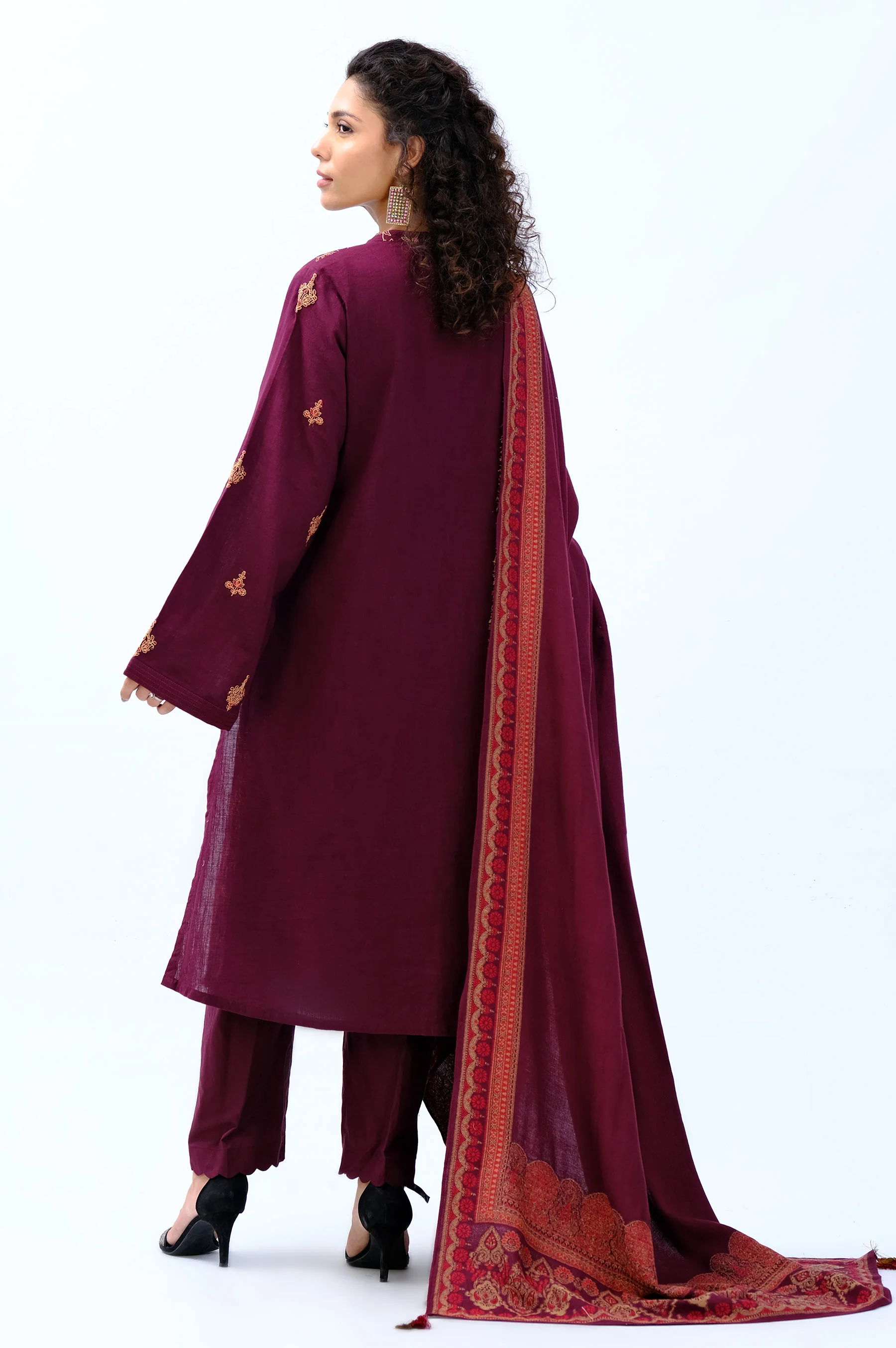 Stitched 3 Piece Embroidered Khaddar with Jacquard Shawl - Image 2