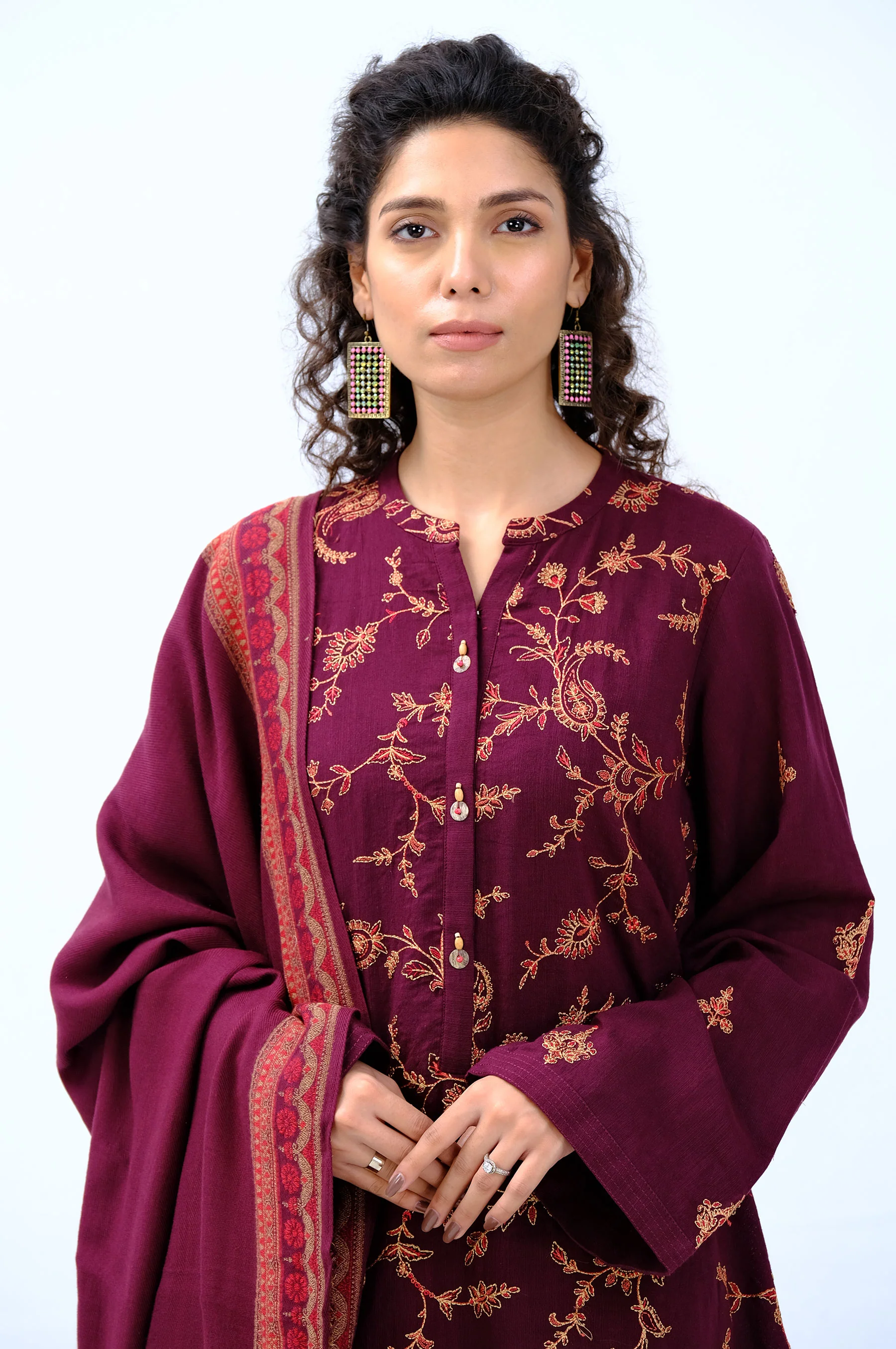 Stitched 3 Piece Embroidered Khaddar with Jacquard Shawl - Image 3
