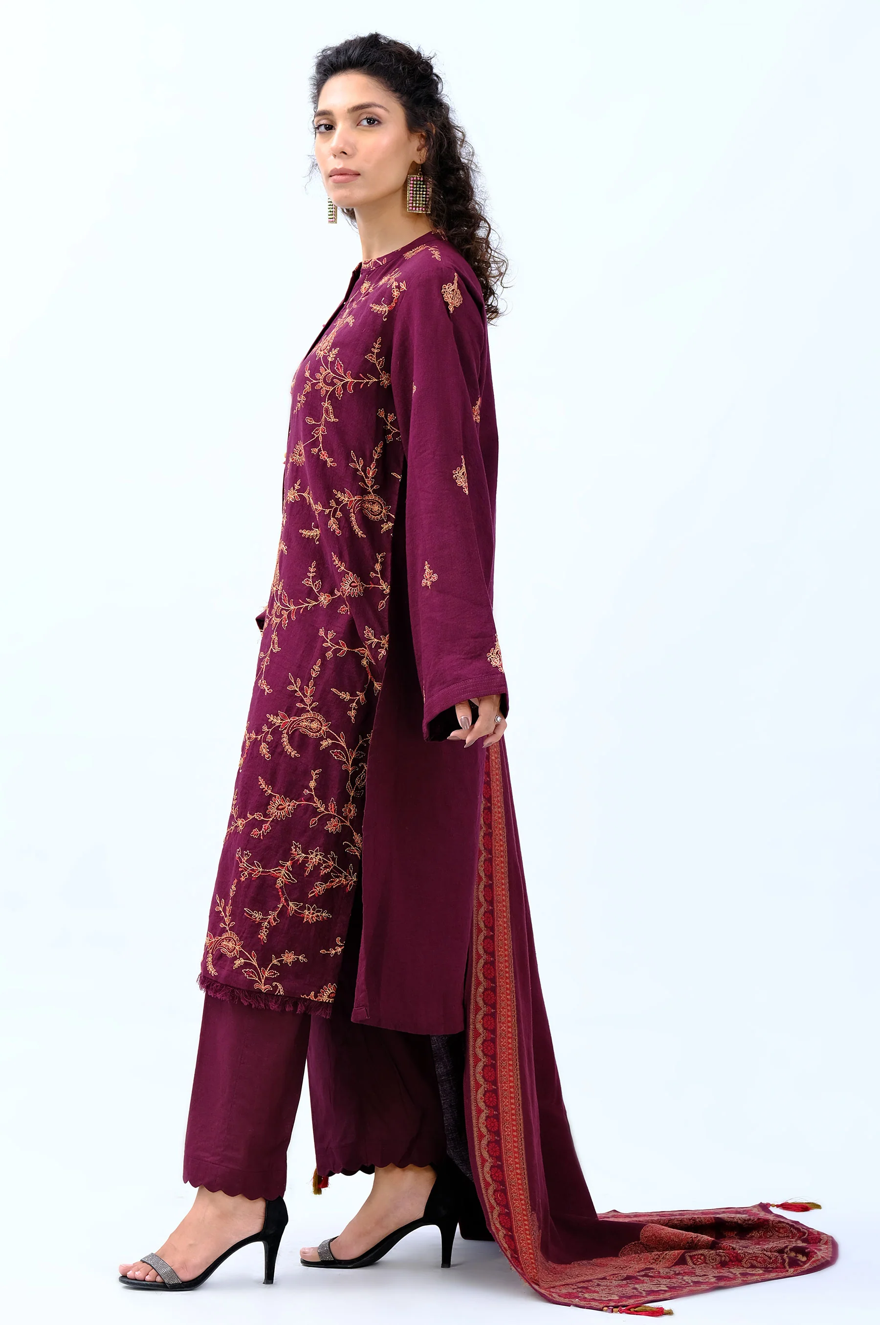 Stitched 3 Piece Embroidered Khaddar with Jacquard Shawl - Image 4