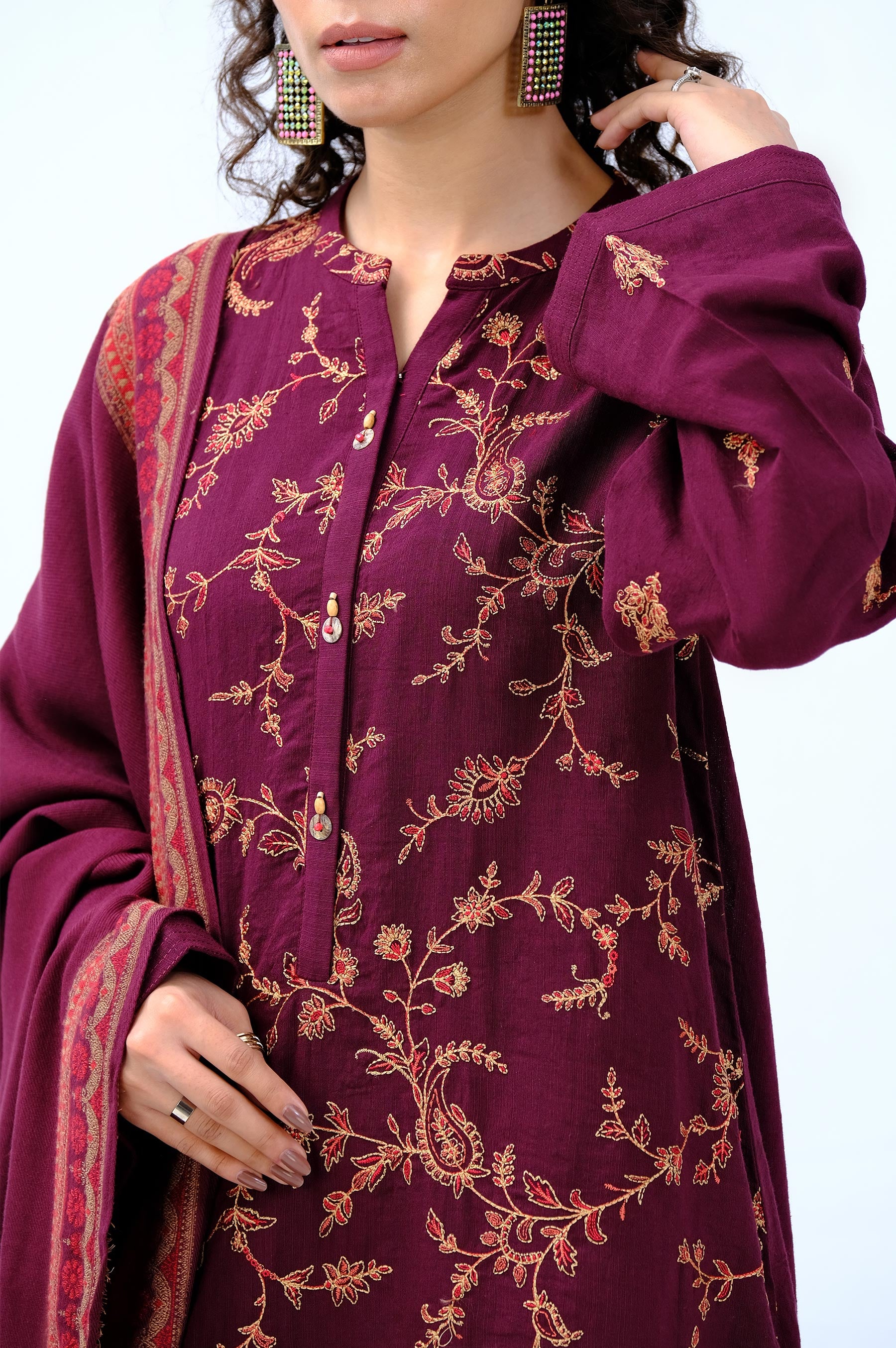 Stitched 3 Piece Embroidered Khaddar with Jacquard Shawl - Image 5