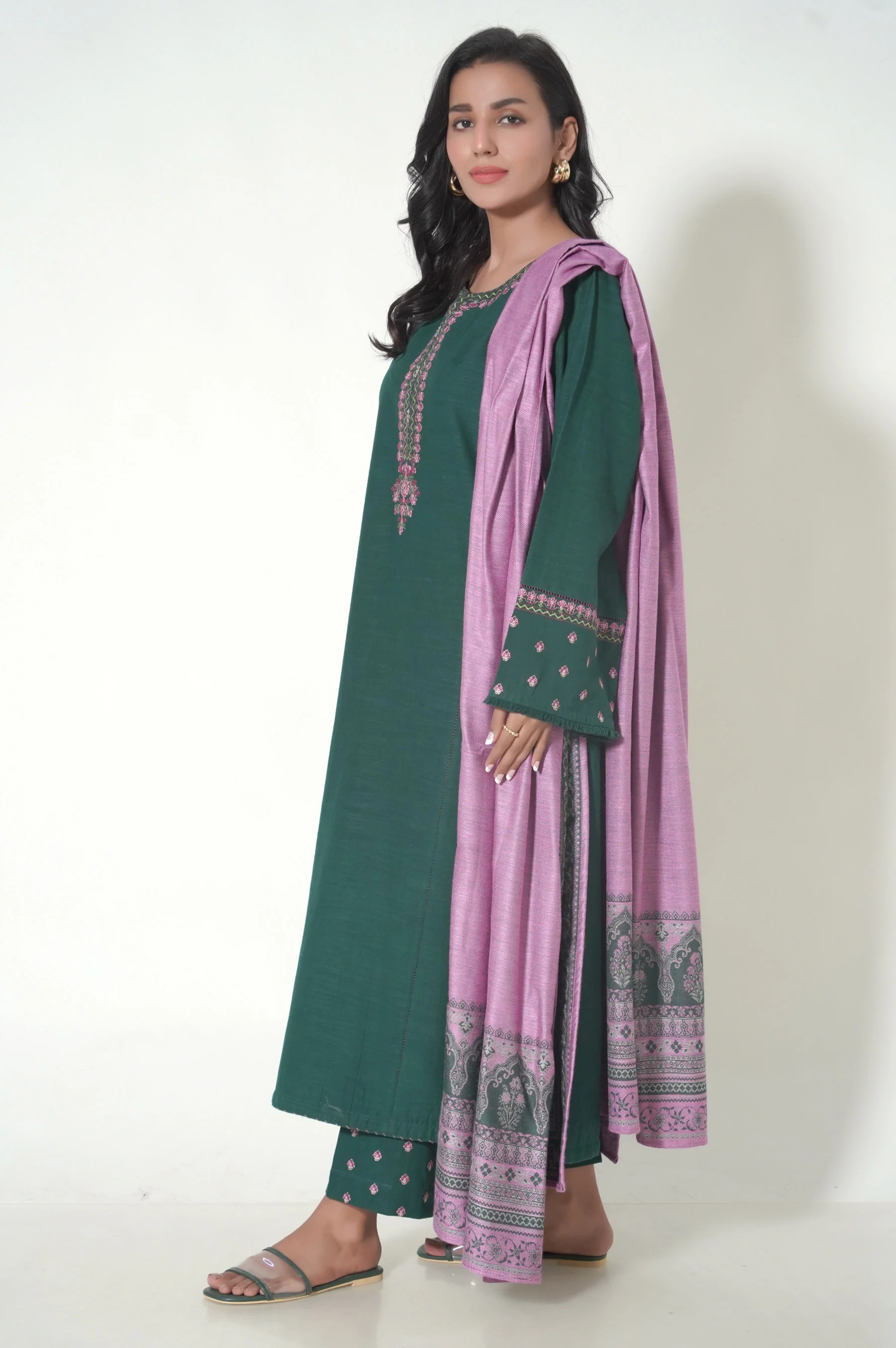 Stitched 3 Piece Embroidered Khaddar Suit - Image 3