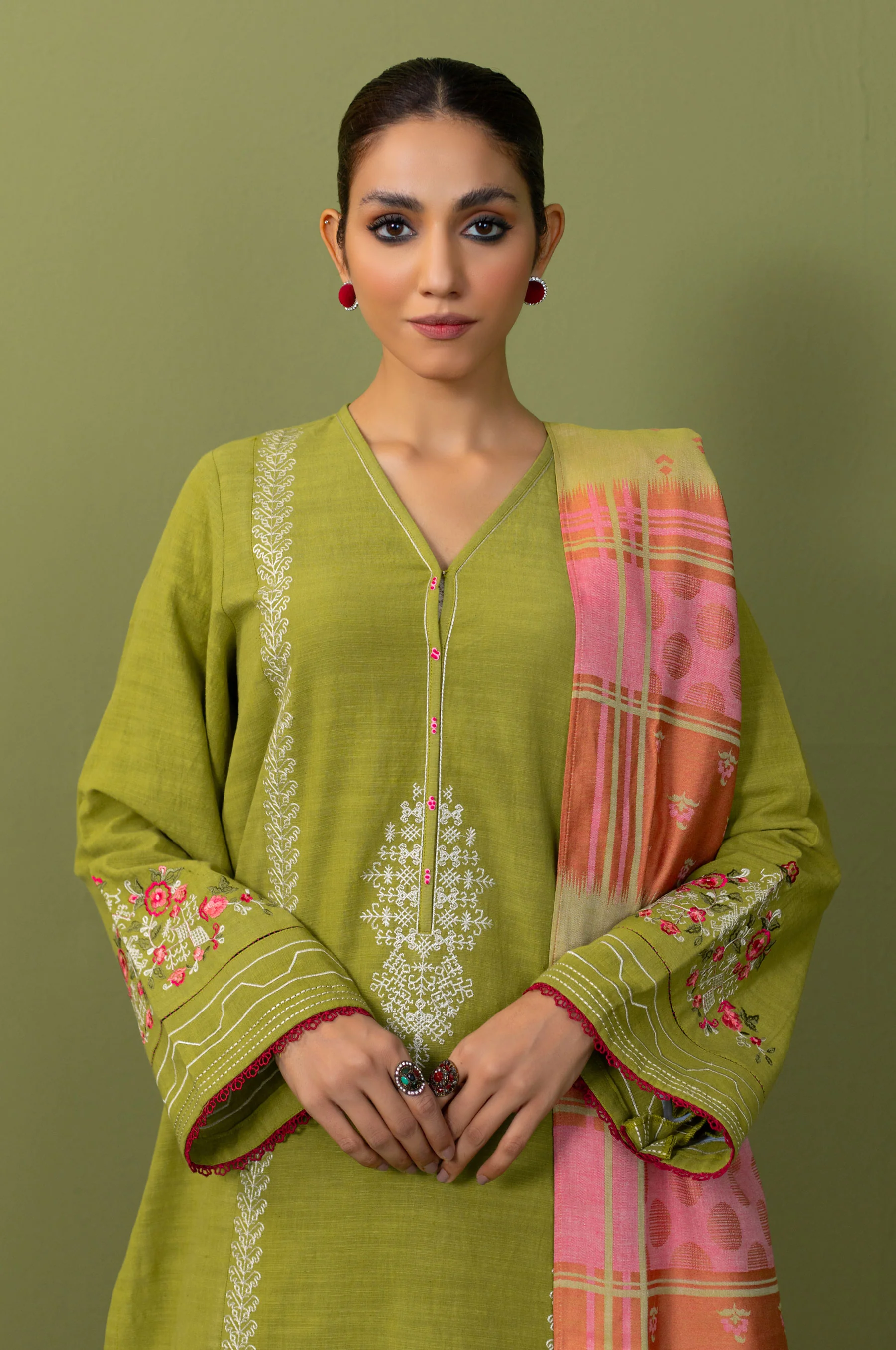 Stitched 3 Piece Embroidered Khaddar Suit - Image 2