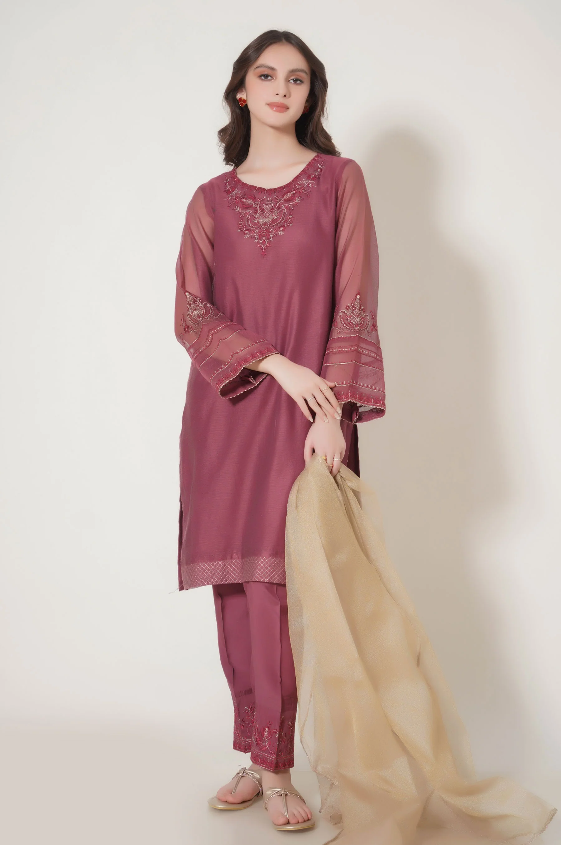 Stitched 3 Piece Embroidered Khaddi Net Outfit