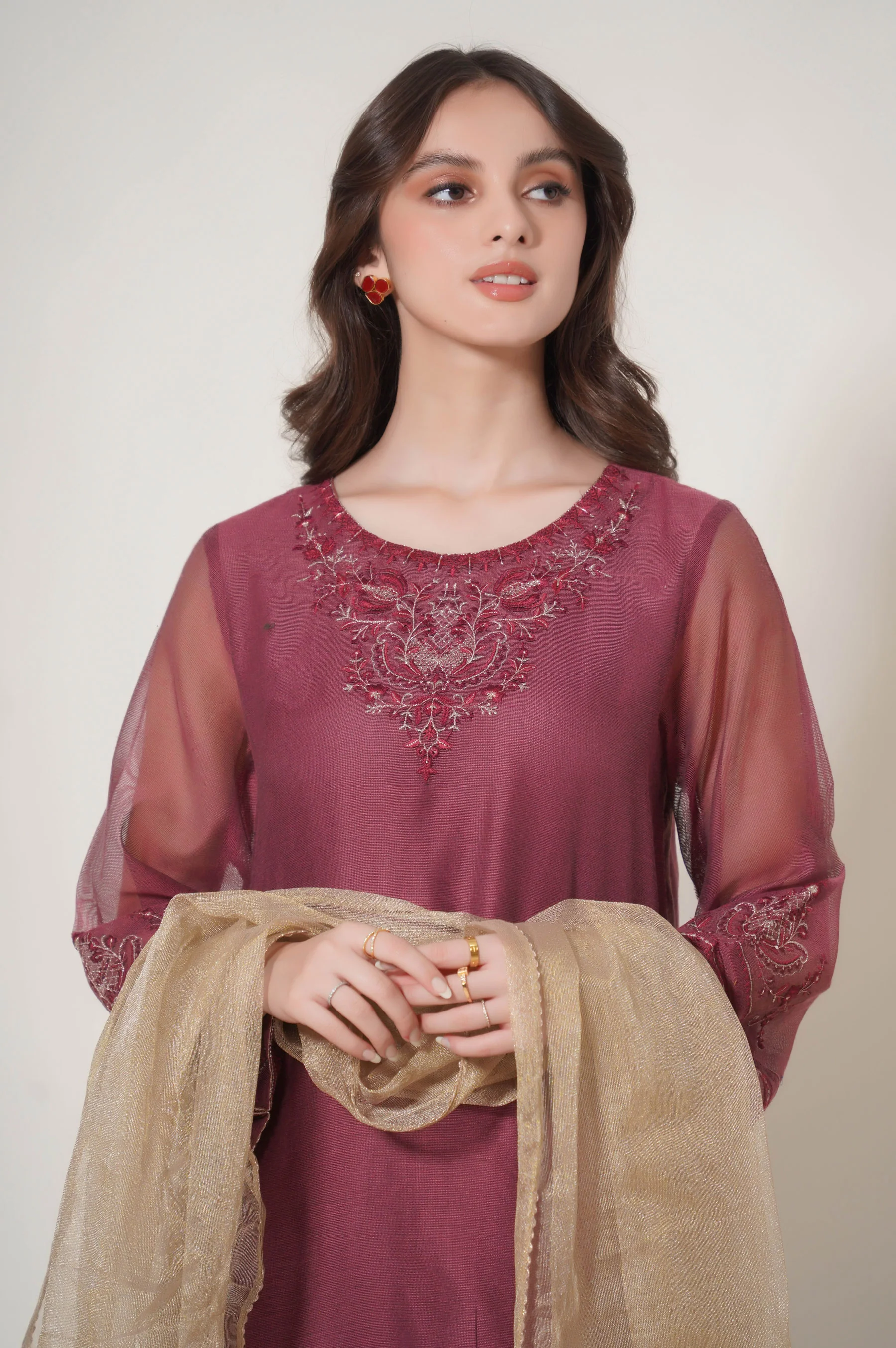 Stitched 3 Piece Embroidered Khaddi Net Outfit - Image 2