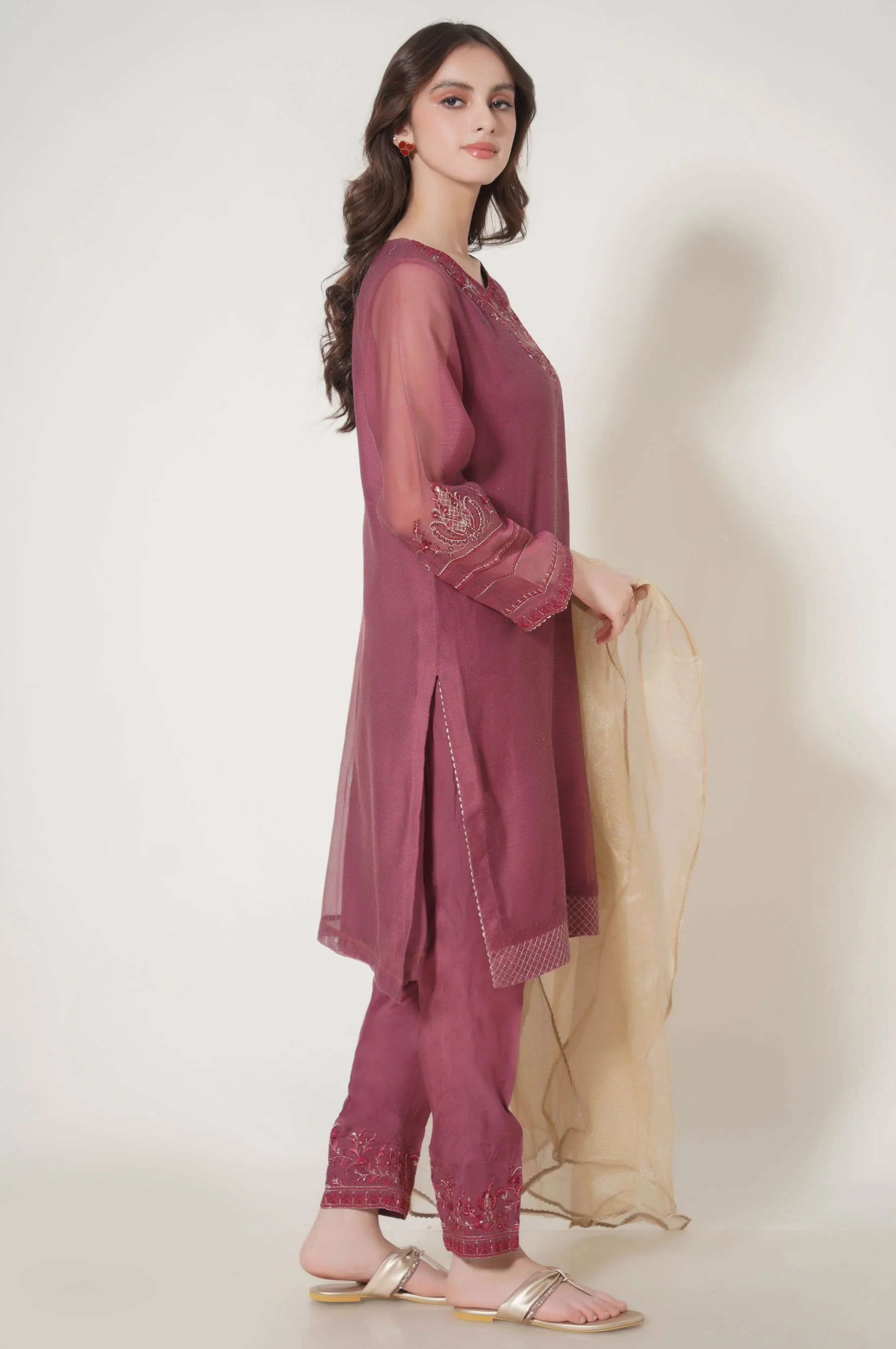 Stitched 3 Piece Embroidered Khaddi Net Outfit - Image 3
