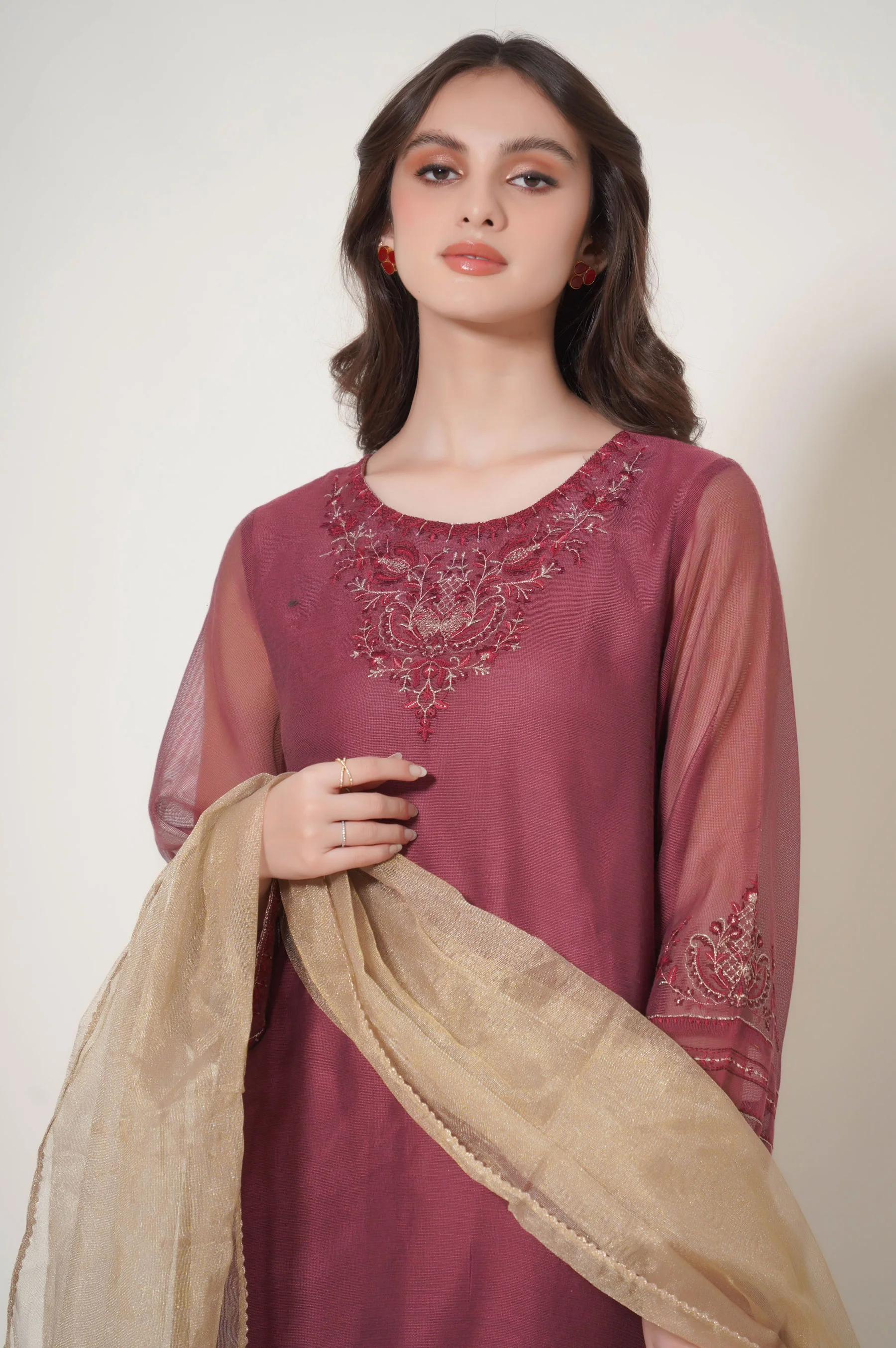 Stitched 3 Piece Embroidered Khaddi Net Outfit - Image 4