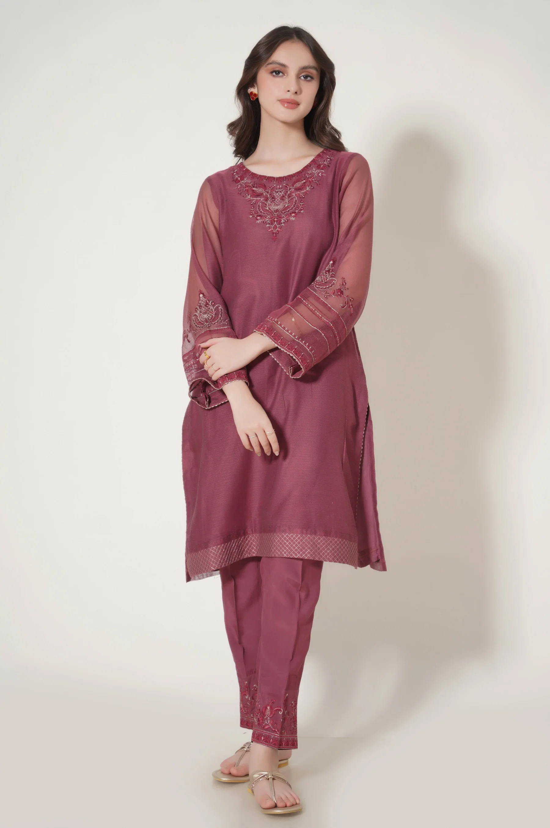 Stitched 3 Piece Embroidered Khaddi Net Outfit - Image 5