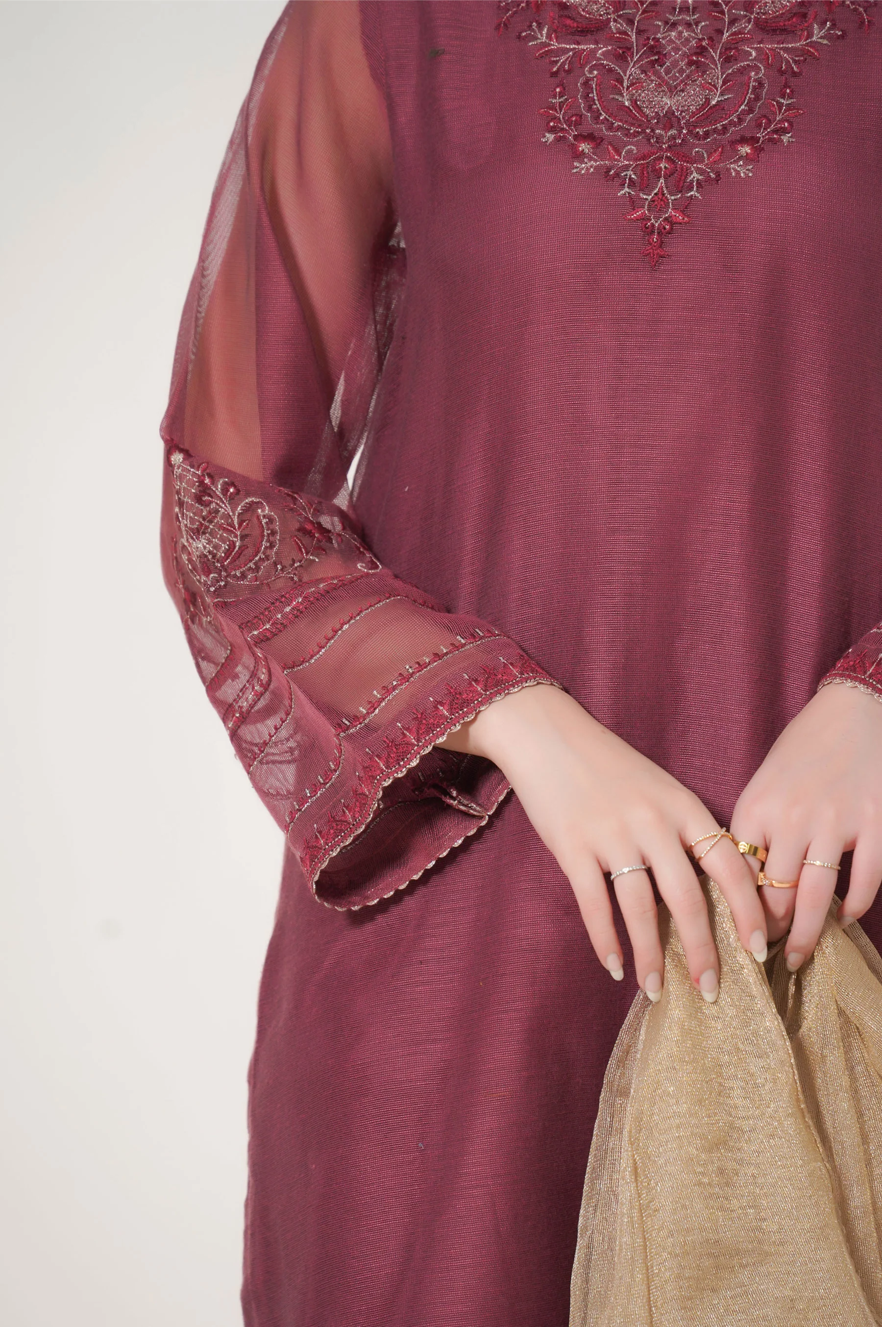Stitched 3 Piece Embroidered Khaddi Net Outfit - Image 6