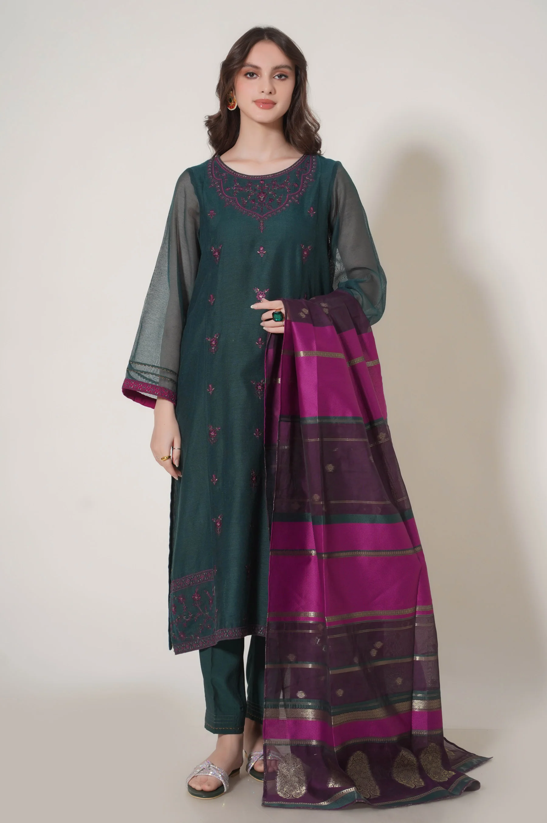 Stitched 3 Piece Embroidered Khaddi Net Outfit