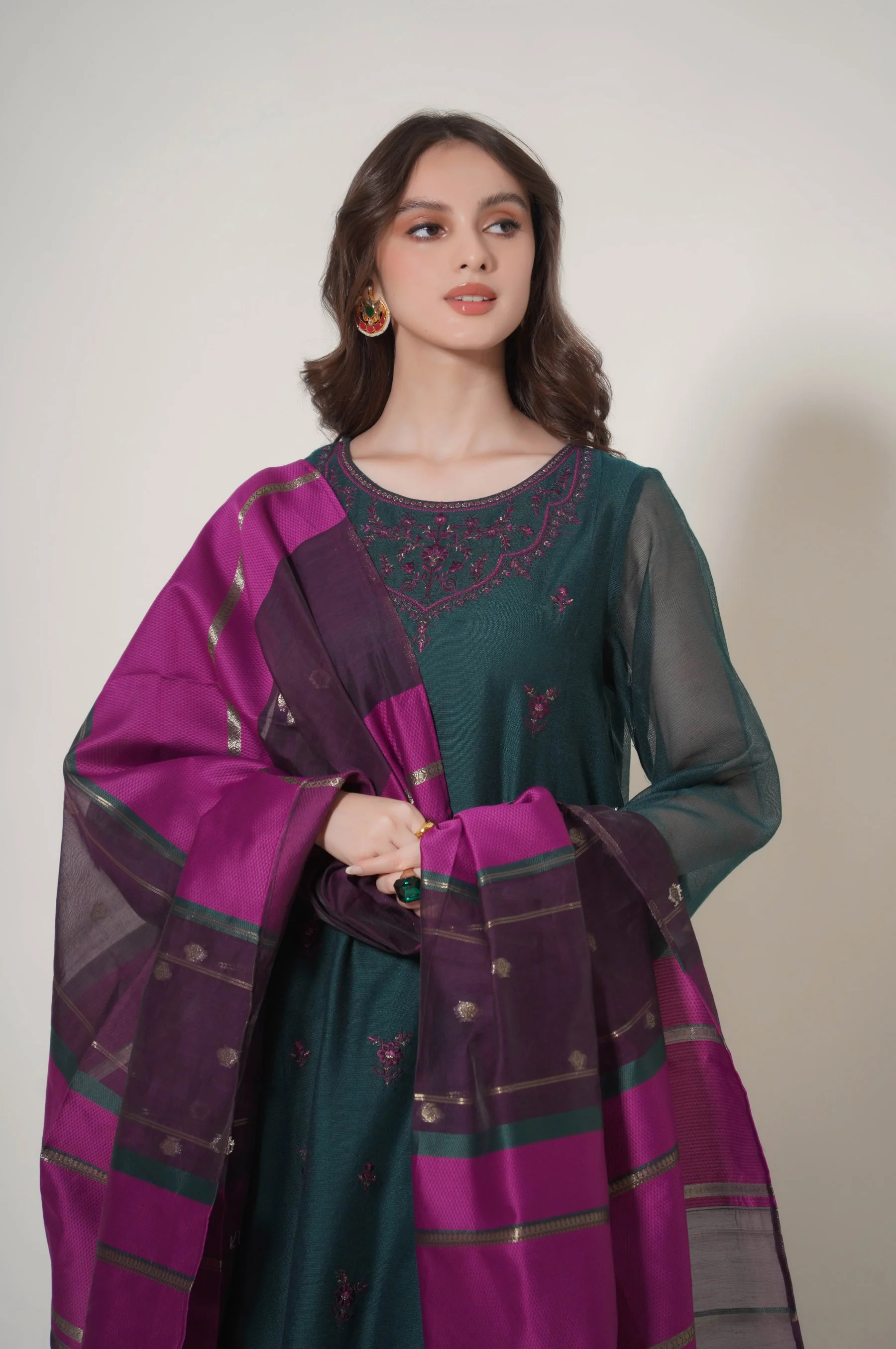 Stitched 3 Piece Embroidered Khaddi Net Outfit - Image 2
