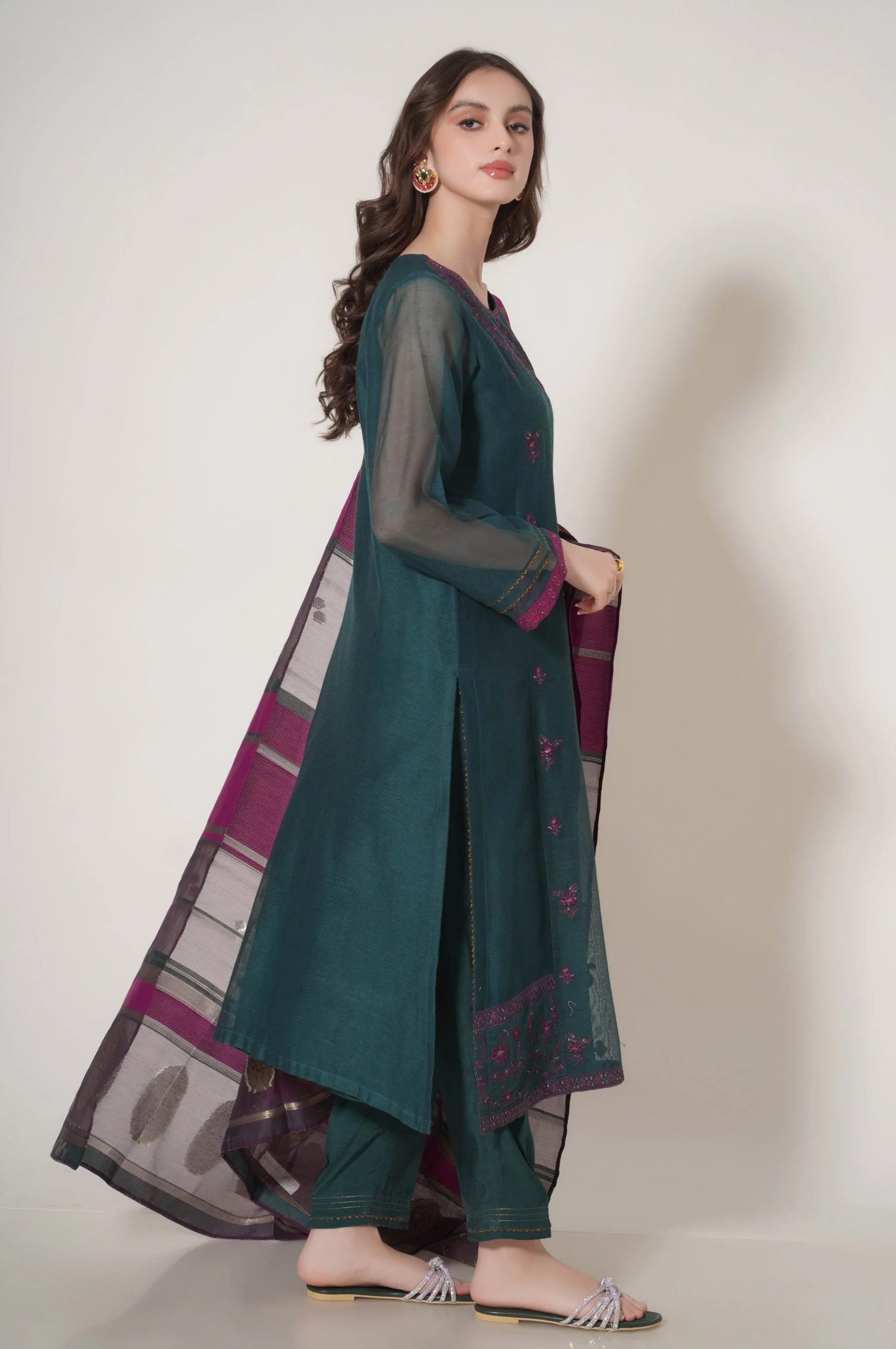 Stitched 3 Piece Embroidered Khaddi Net Outfit - Image 3