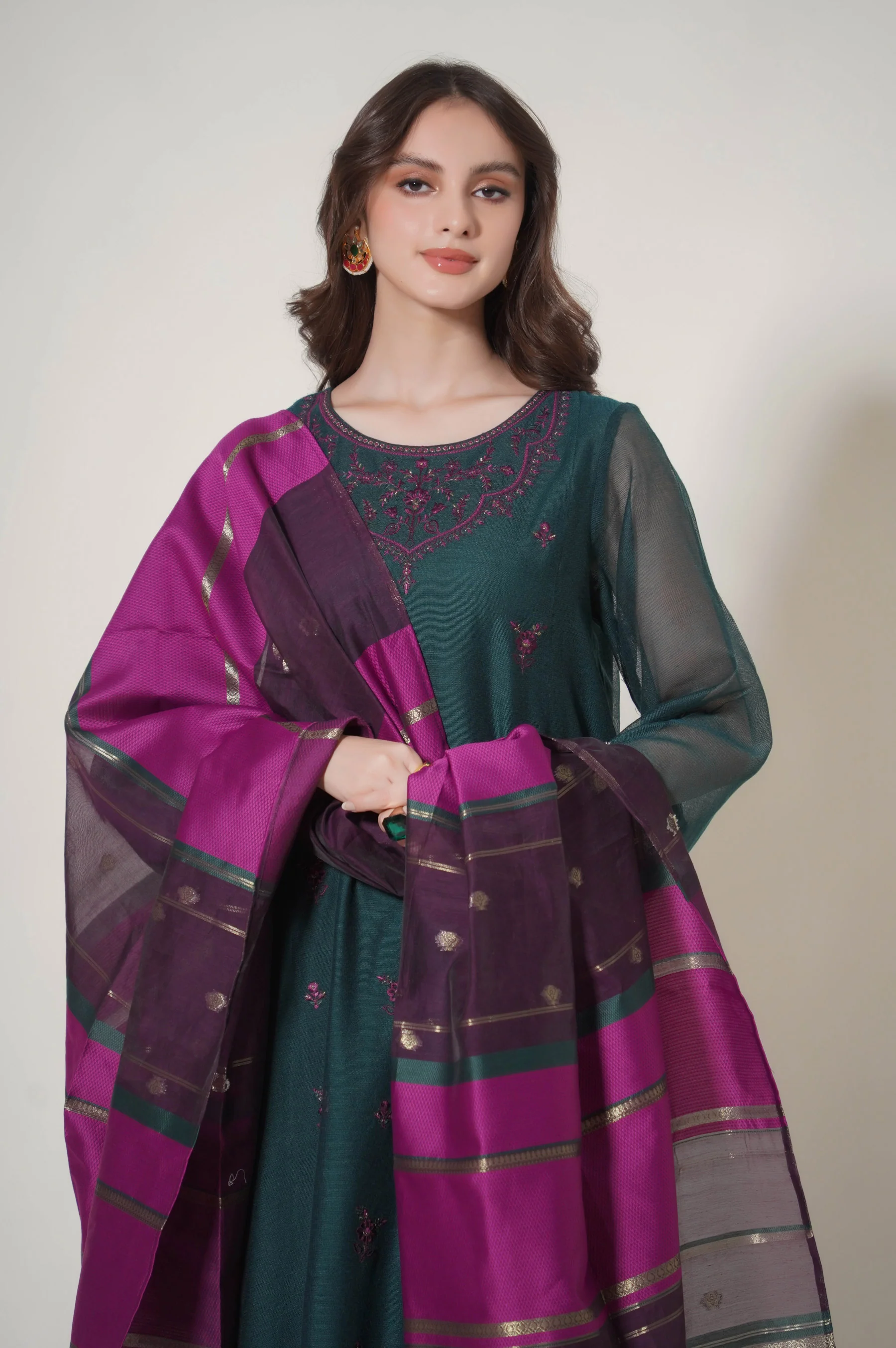 Stitched 3 Piece Embroidered Khaddi Net Outfit - Image 4