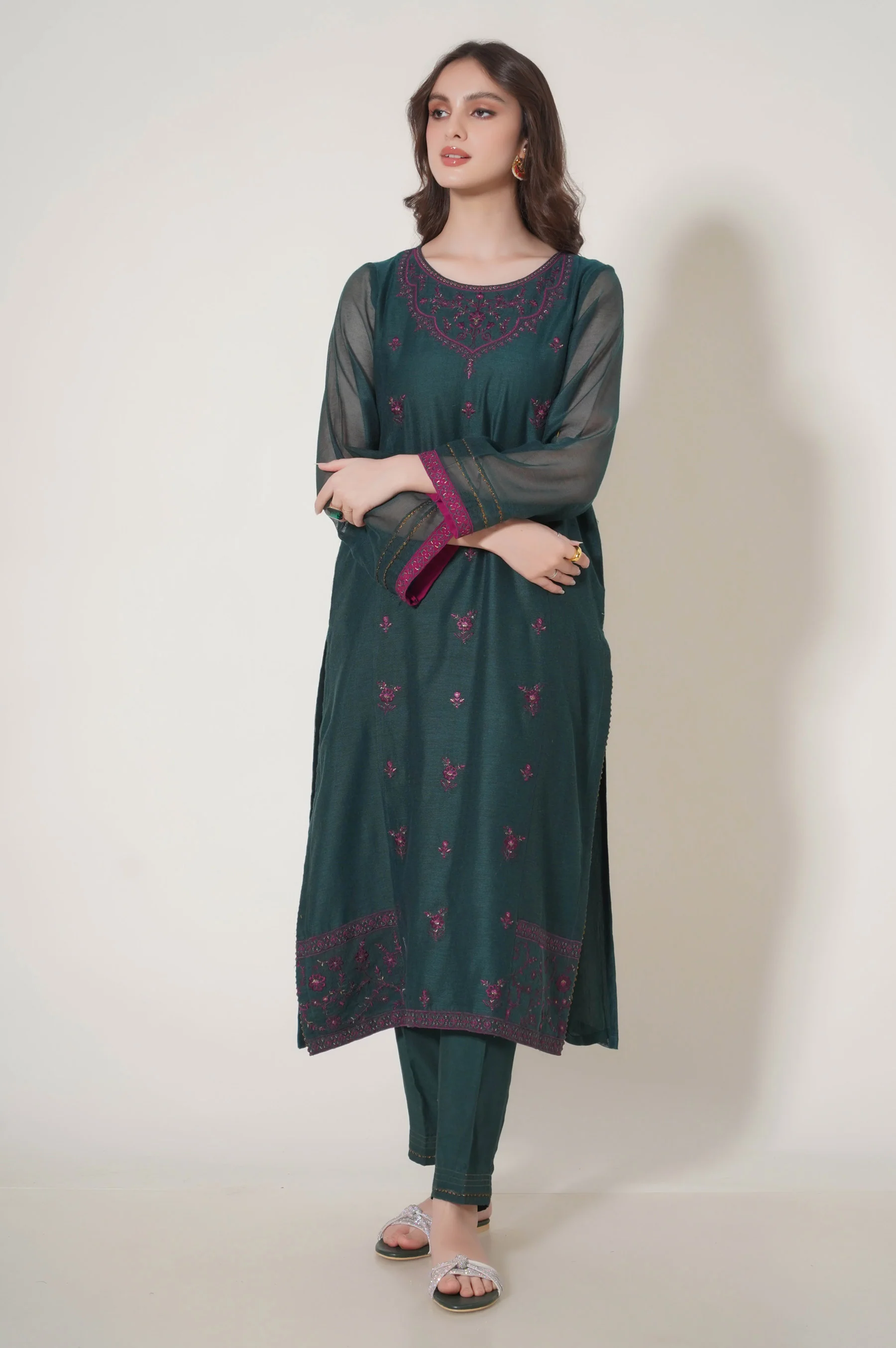 Stitched 3 Piece Embroidered Khaddi Net Outfit - Image 5