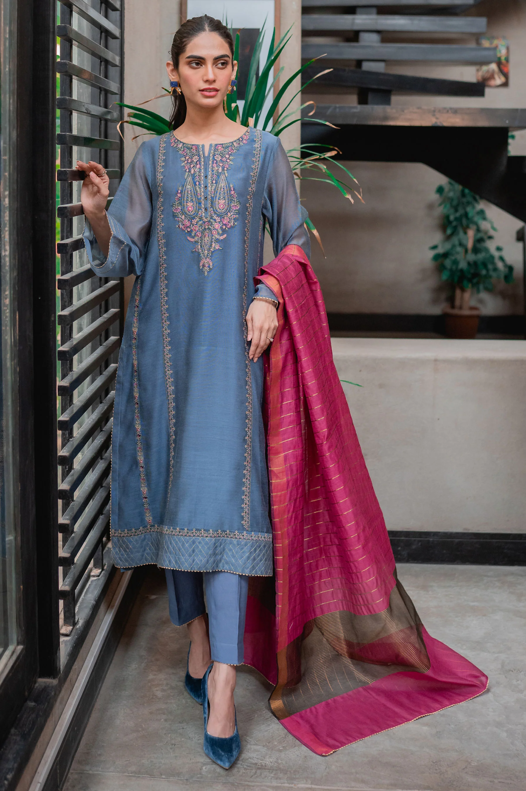 Stitched 3 Piece Khaddi Net Embroidered Suit - Image 2