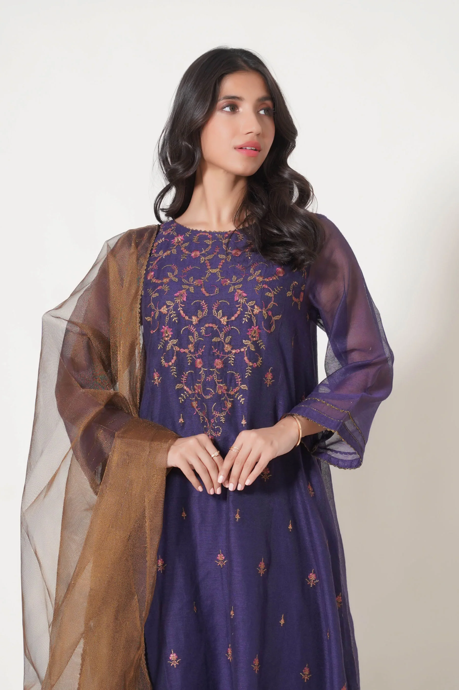 Stitched 3 Piece Khaddi Net Embroidered Outfit - Image 2