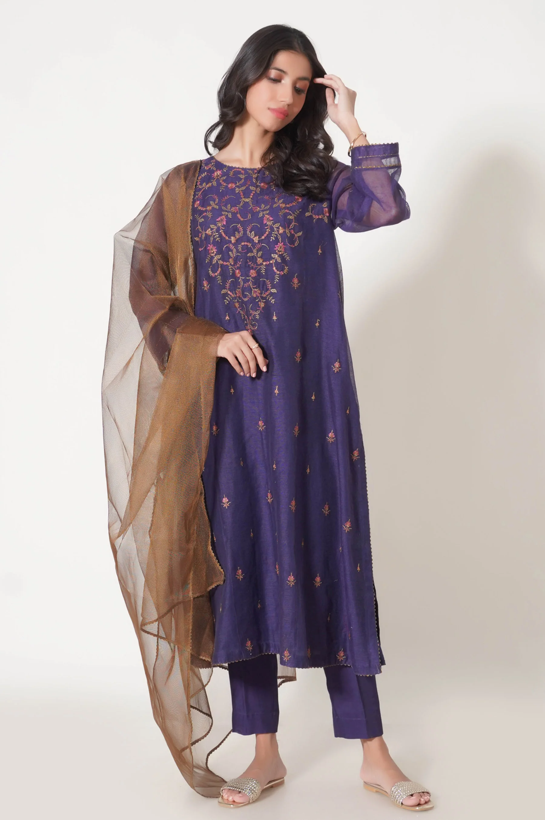 Stitched 3 Piece Khaddi Net Embroidered Outfit - Image 3