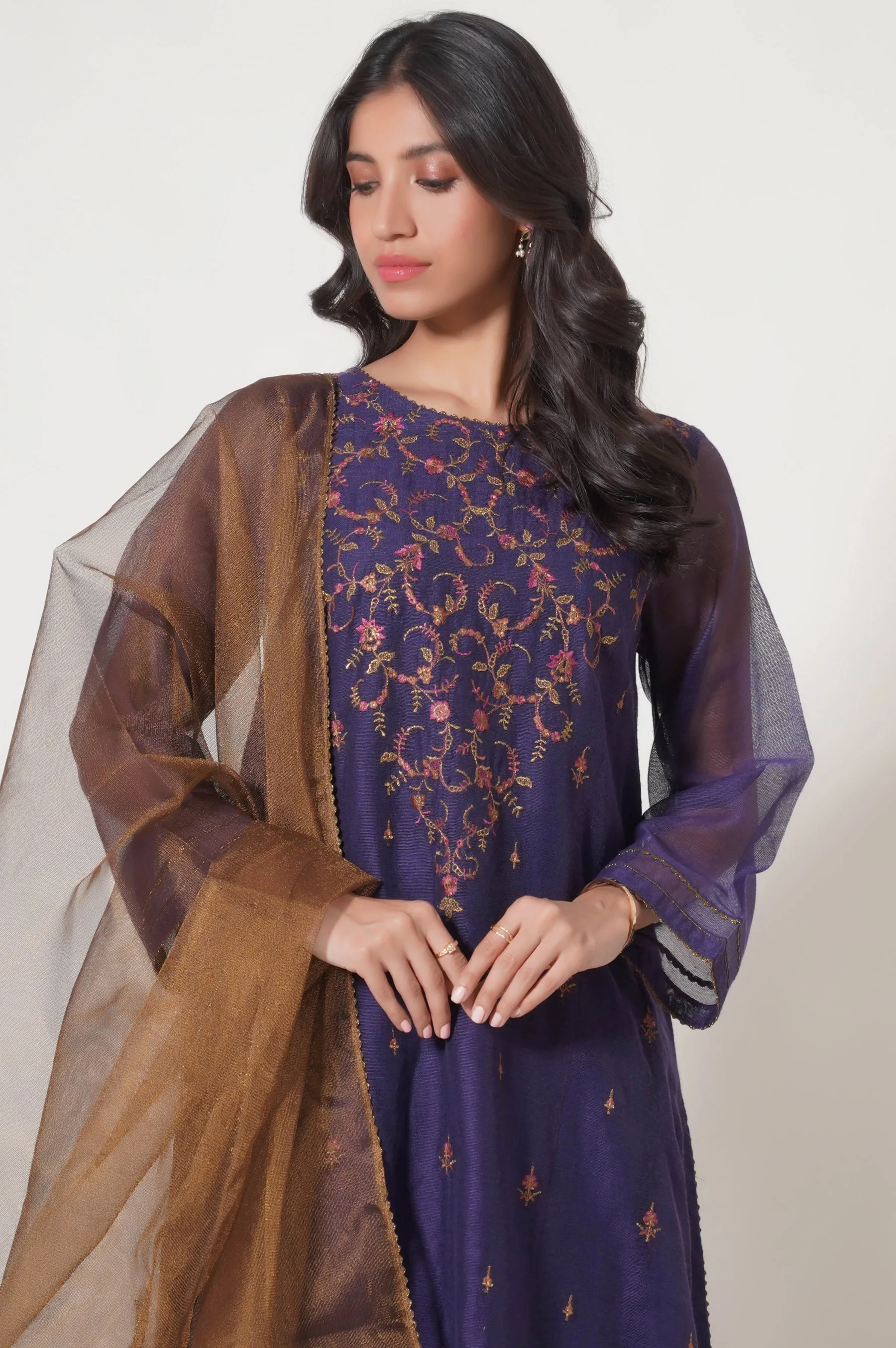 Stitched 3 Piece Khaddi Net Embroidered Outfit - Image 4