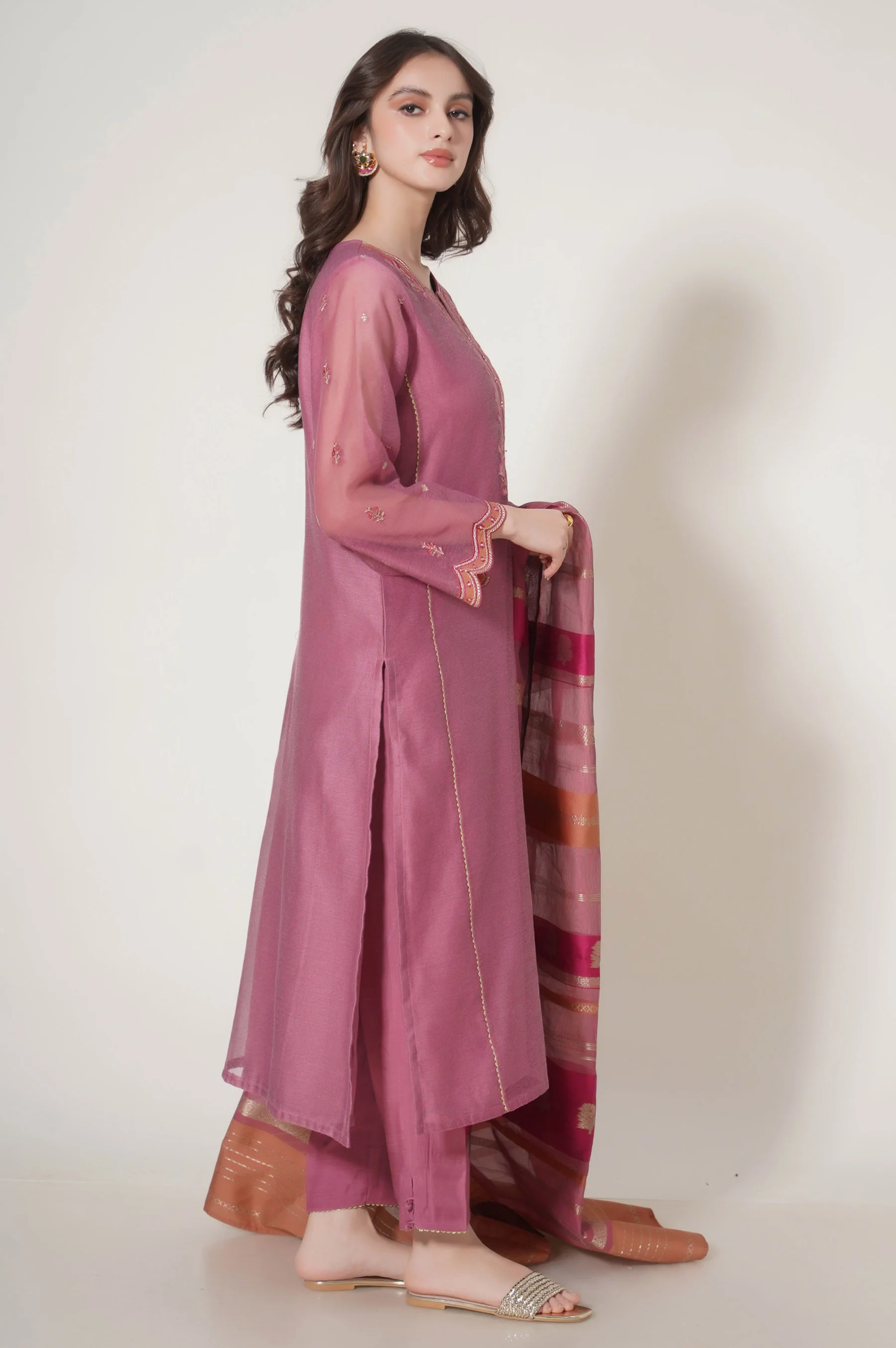 Stitched 3 Piece Embroidered Khaddi Net Outfit - Image 4