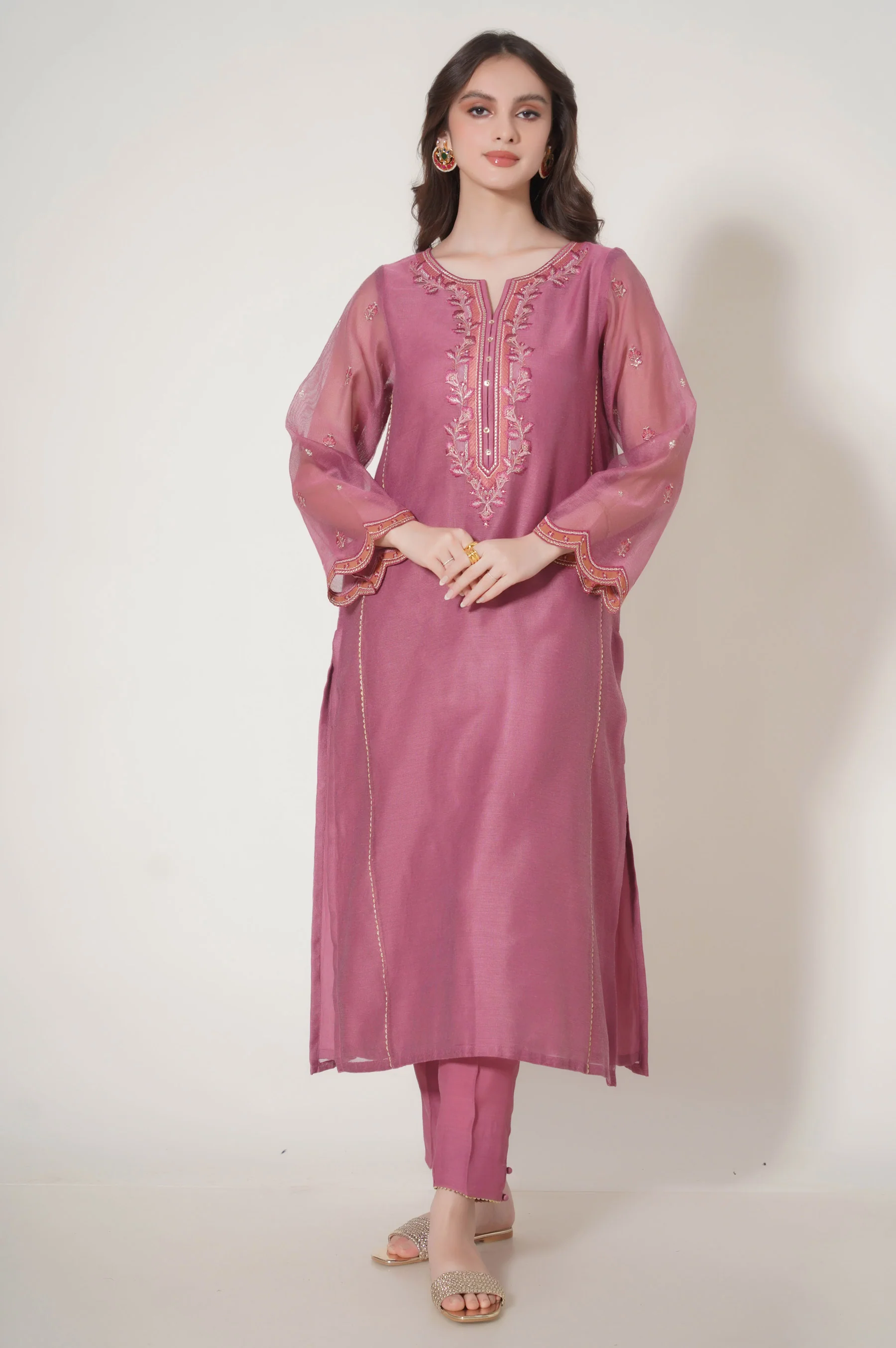 Stitched 3 Piece Embroidered Khaddi Net Outfit - Image 5
