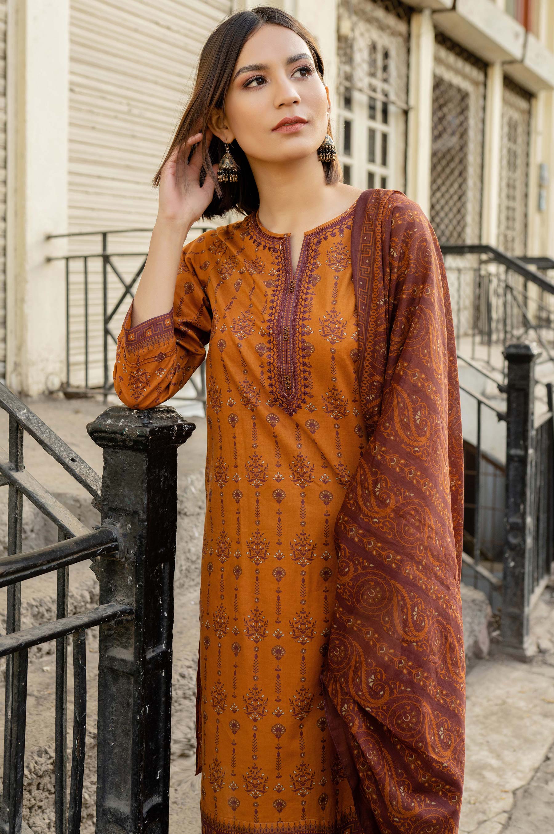 Stitched 3 Piece Embroidered Lawn Suit with Printed Lawn Dupatta - Image 4