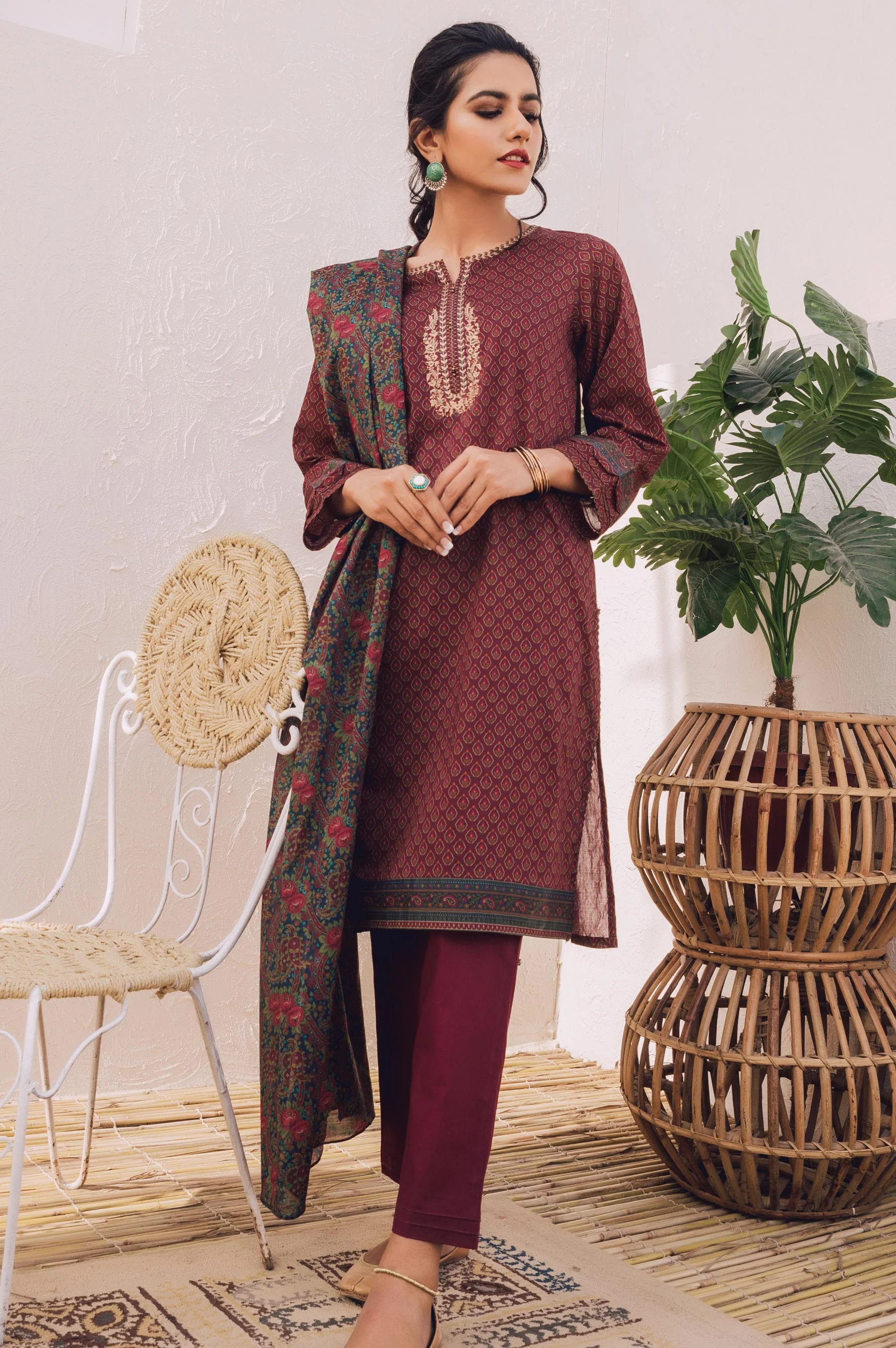 Stitched 3 Piece Embroidered Lawn Suit with Chiffon Dupatta - Image 2