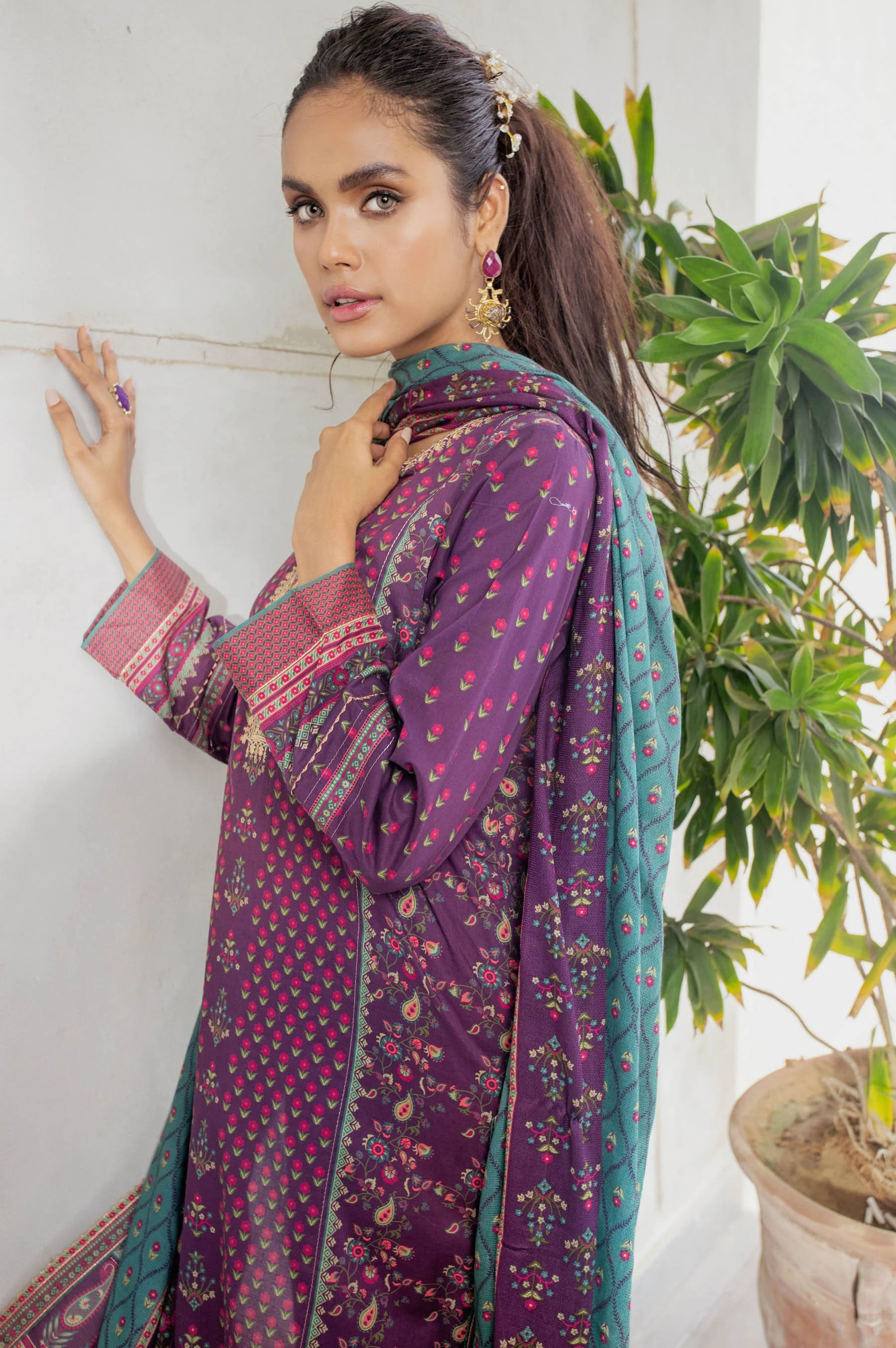 Stitched 3 Piece Embroidered Lawn with Cotton Net Suit - Image 2