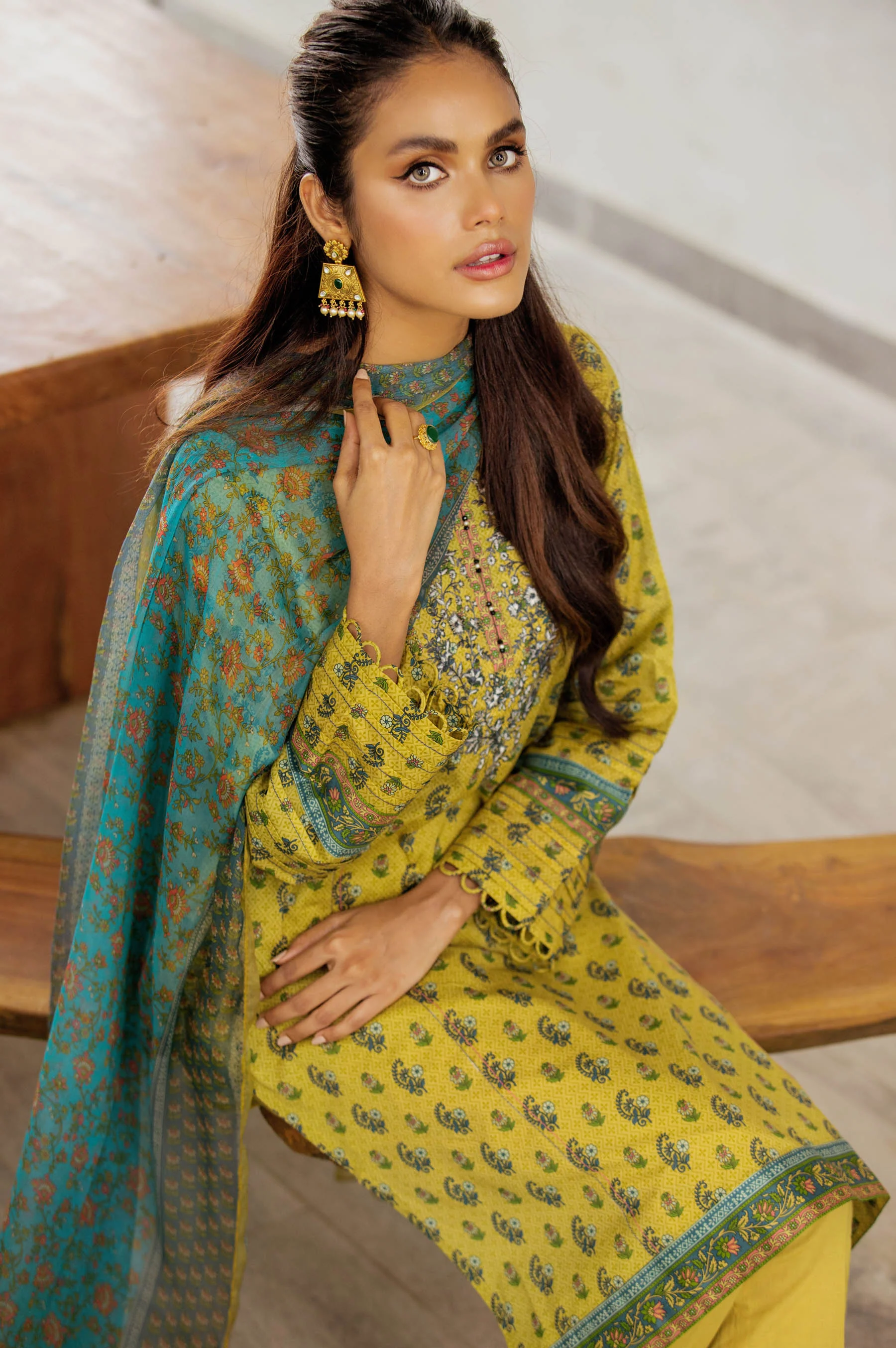 Stitched 3 Piece Embroidered Lawn with chiffon Dupatta - Image 4